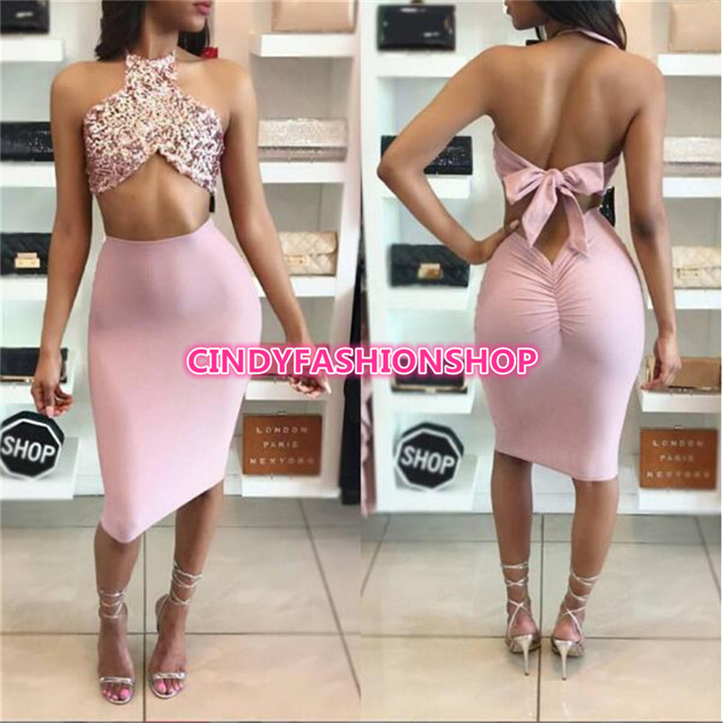 USA Women Design 2PC Sexy Top Sequin Body con Club Wear Halter Chic Women Dress