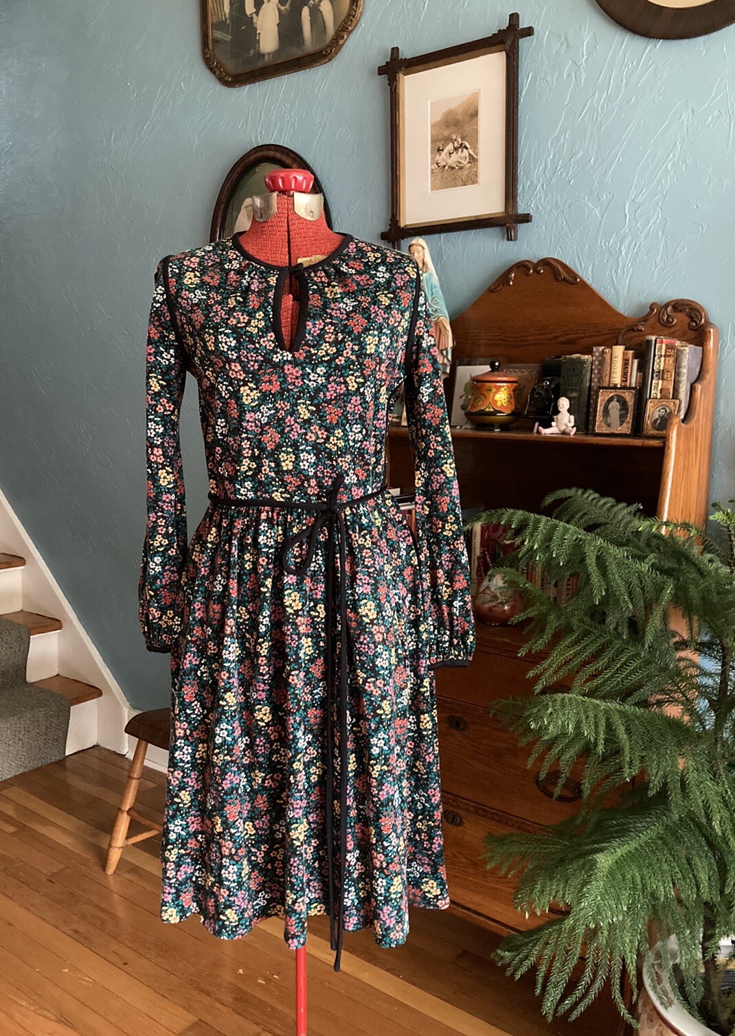 VINTAGE 60s MATTI OF LYNNE/LORD & TAYLOR DARK FLORAL KNIT DRESS BLOUSON SLEEVE S
