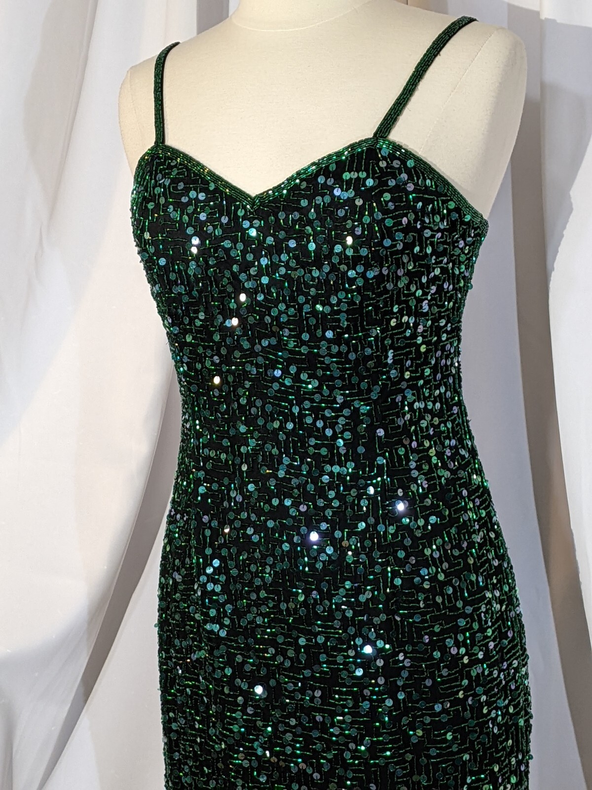 Silk 90s Black Green Shimmer Sequins Bodycon Mini Party Dress Nadine Boutique M