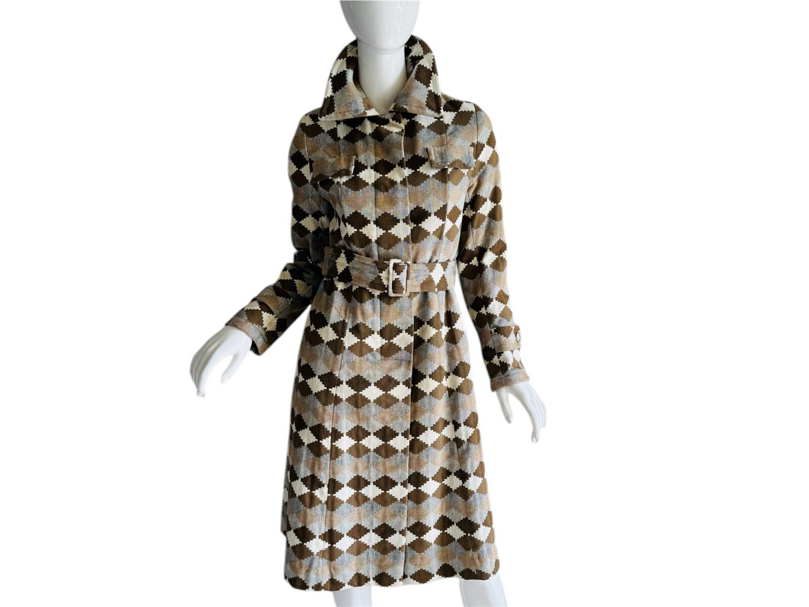 1960s Vintage Mod Geometric Trench Coat Mainstreet Belted Tapestry Jacket