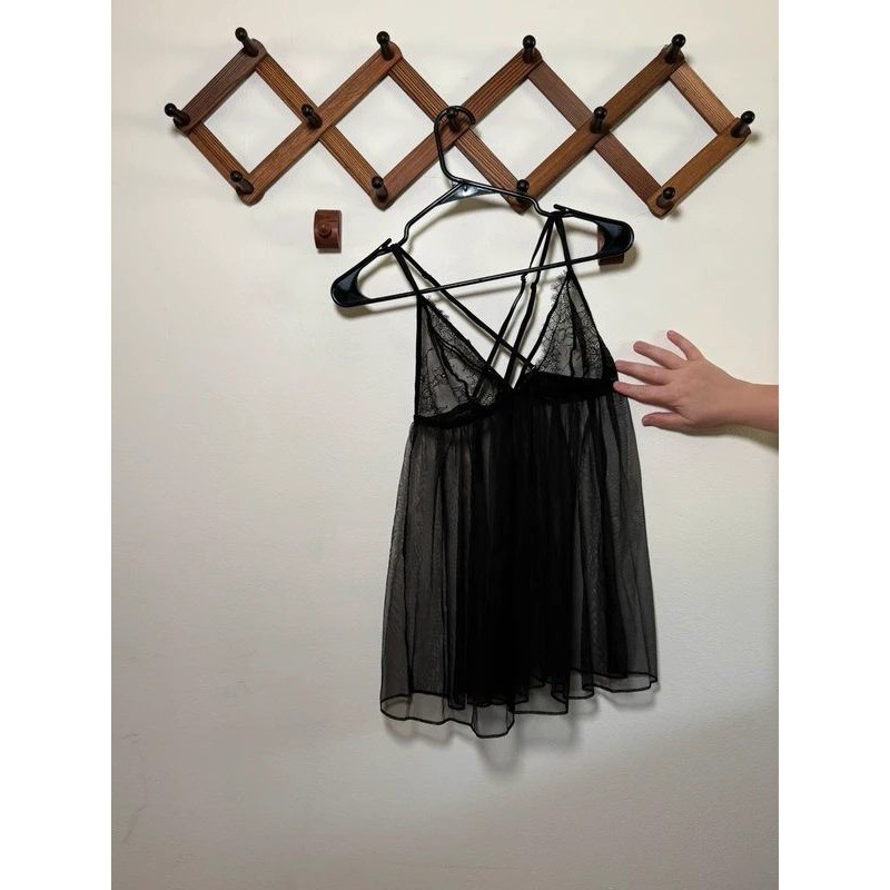 Victoria&rsquo;s Secret Black Mesh whimsigoth coquette Lace Babydoll Camisole Dress