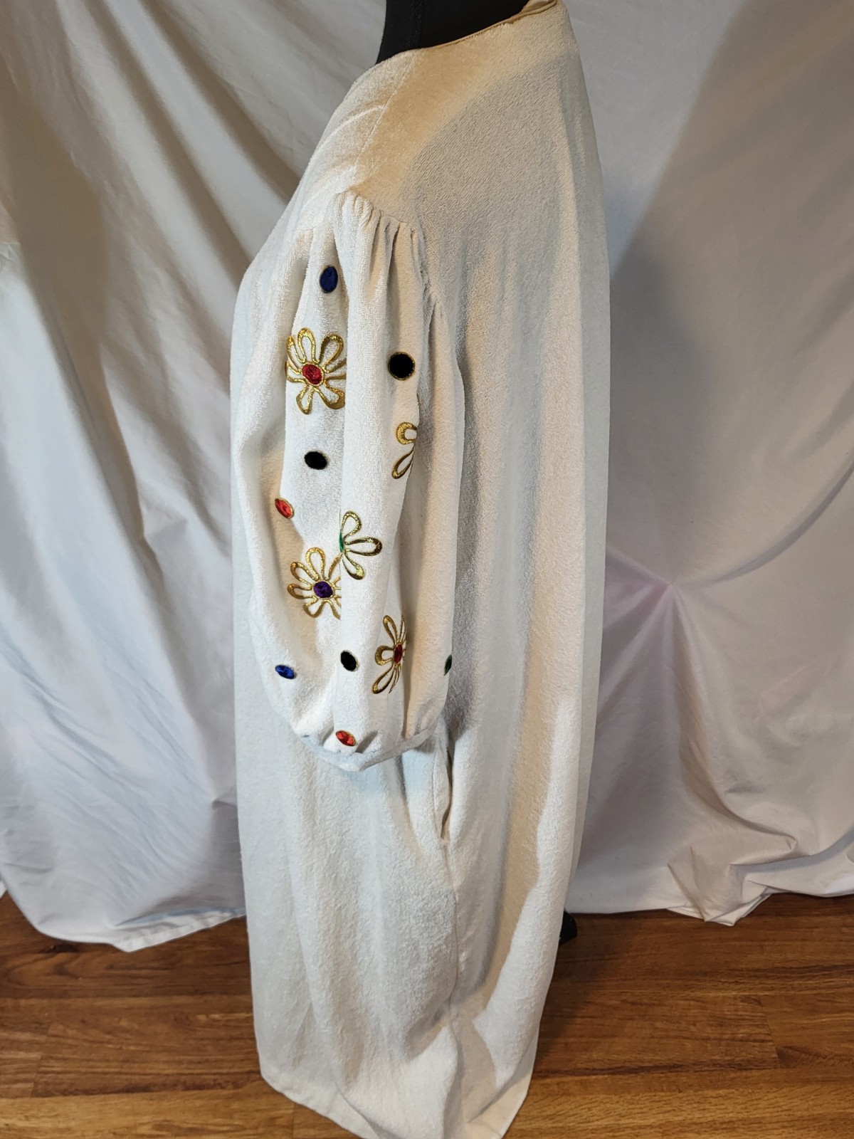 Vintage David Brown Ivory Embroidered Puffed Sleeves Mumu Dress Terrycloth