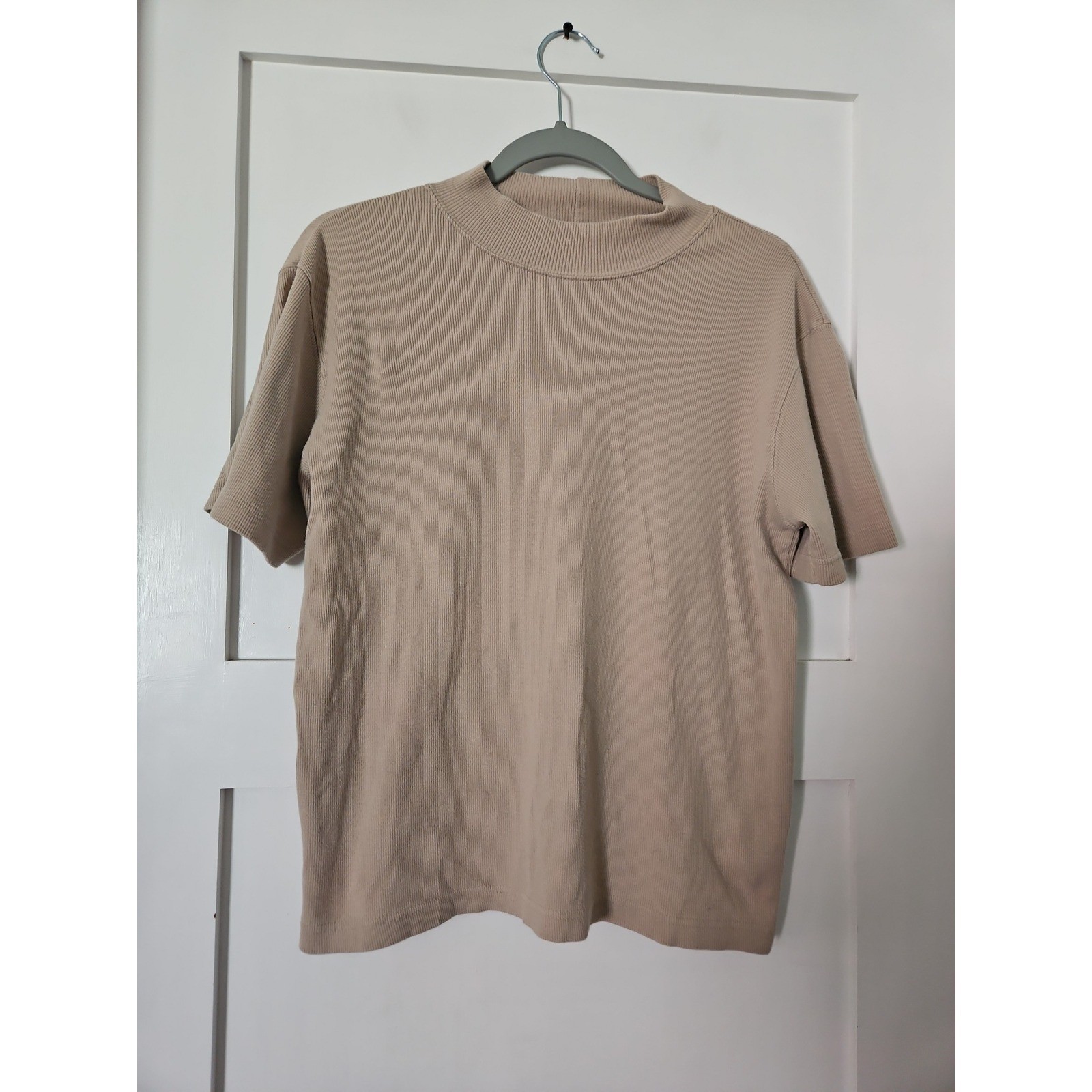 Vintage 90s Basic Editions Ribbed Mock Neck Short Sleeve Top L Tan