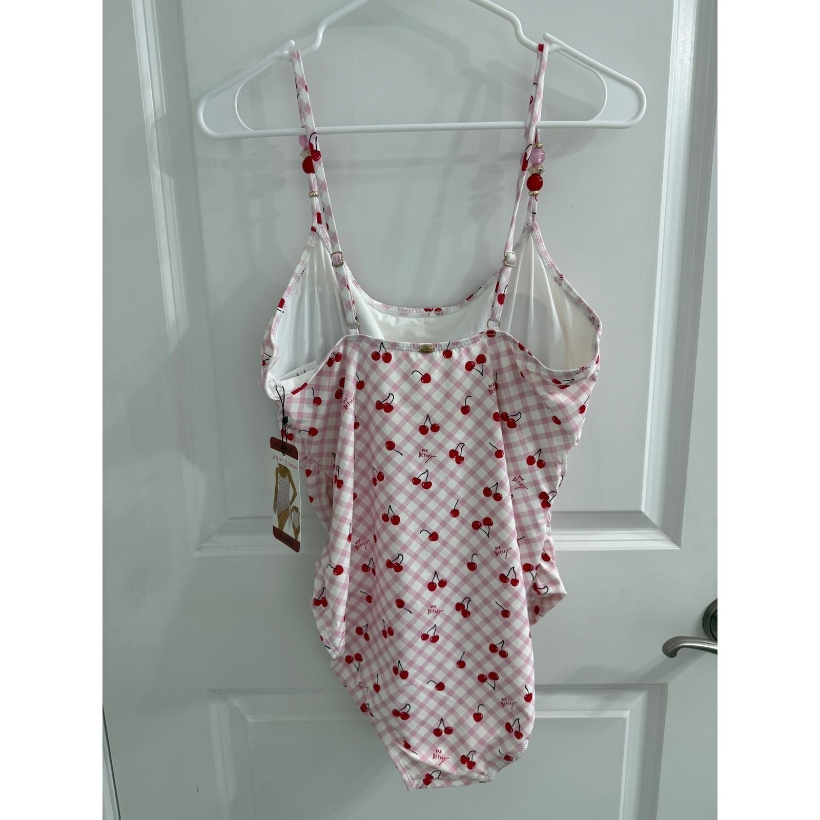 Betsey Johnson Pink Gingham Cherry Print One Piece Swimsuit Beaded Straps XL NEW