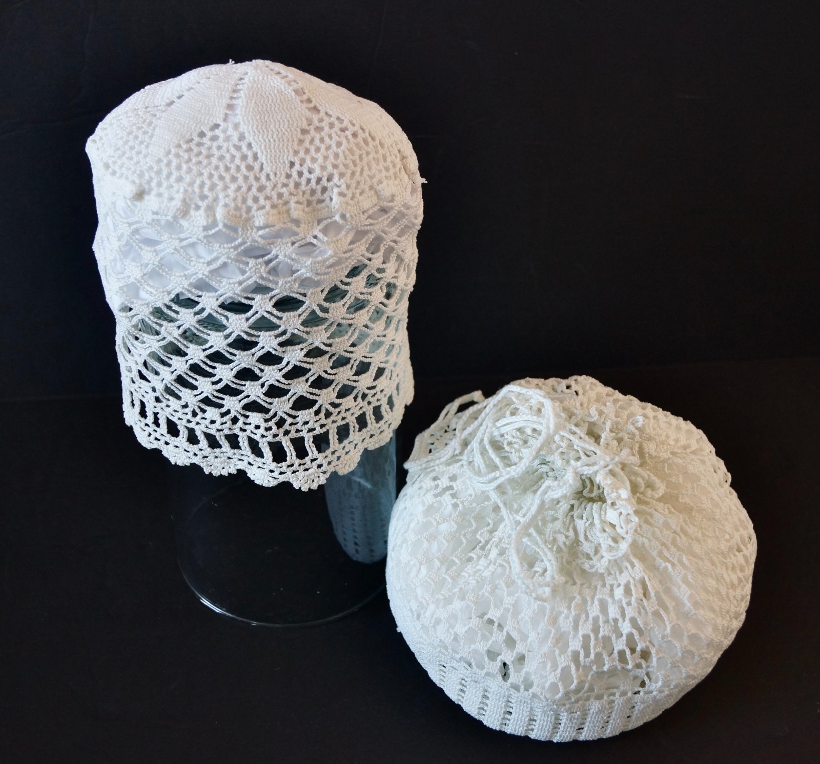 Vintage Crocheted Boudoir Night Cap Sleep Cap Bonnet & Matching Drawstring Bag