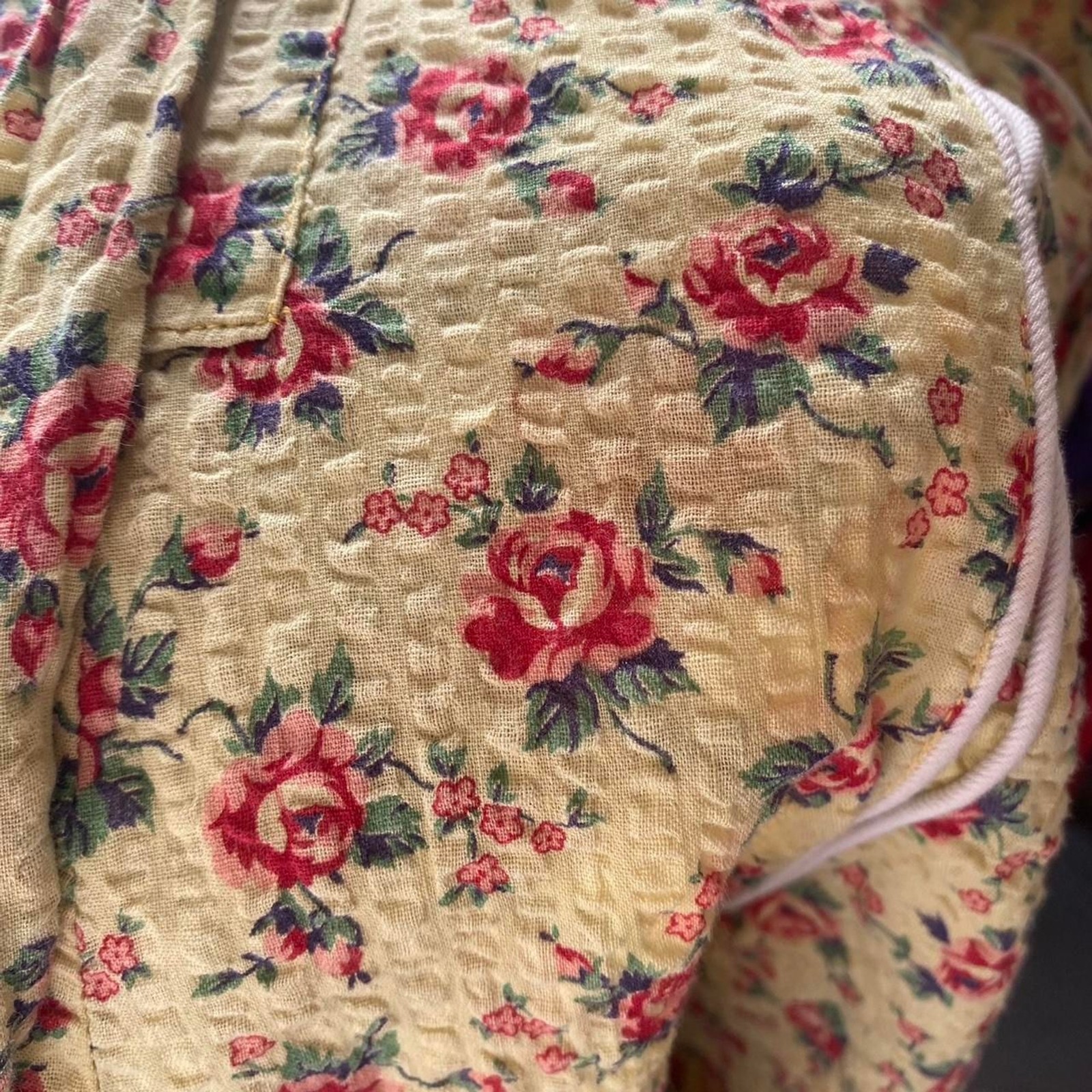 1930s/1940s seersucker cotton yellow floral hostess dress