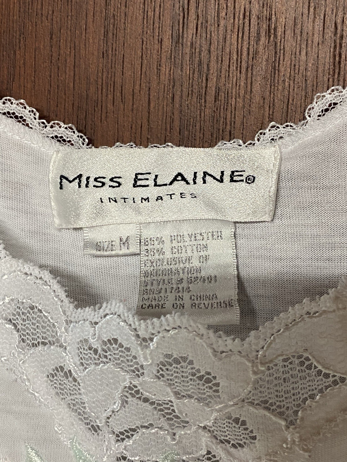 Vintage Miss Elaine Intimates Polyester Cotton White Nightgown Lingerie Sz M