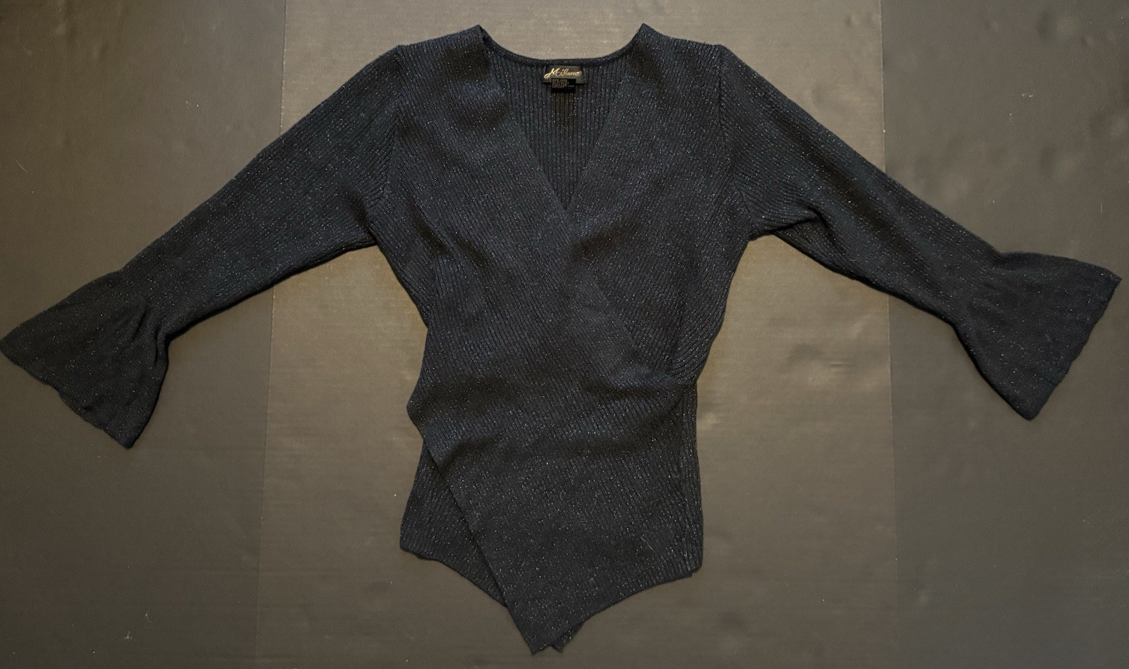 VTG Milano Sparkles Black 90s Blouse Women&rsquo;s Sz L Flared Sleeves Deep V Neck