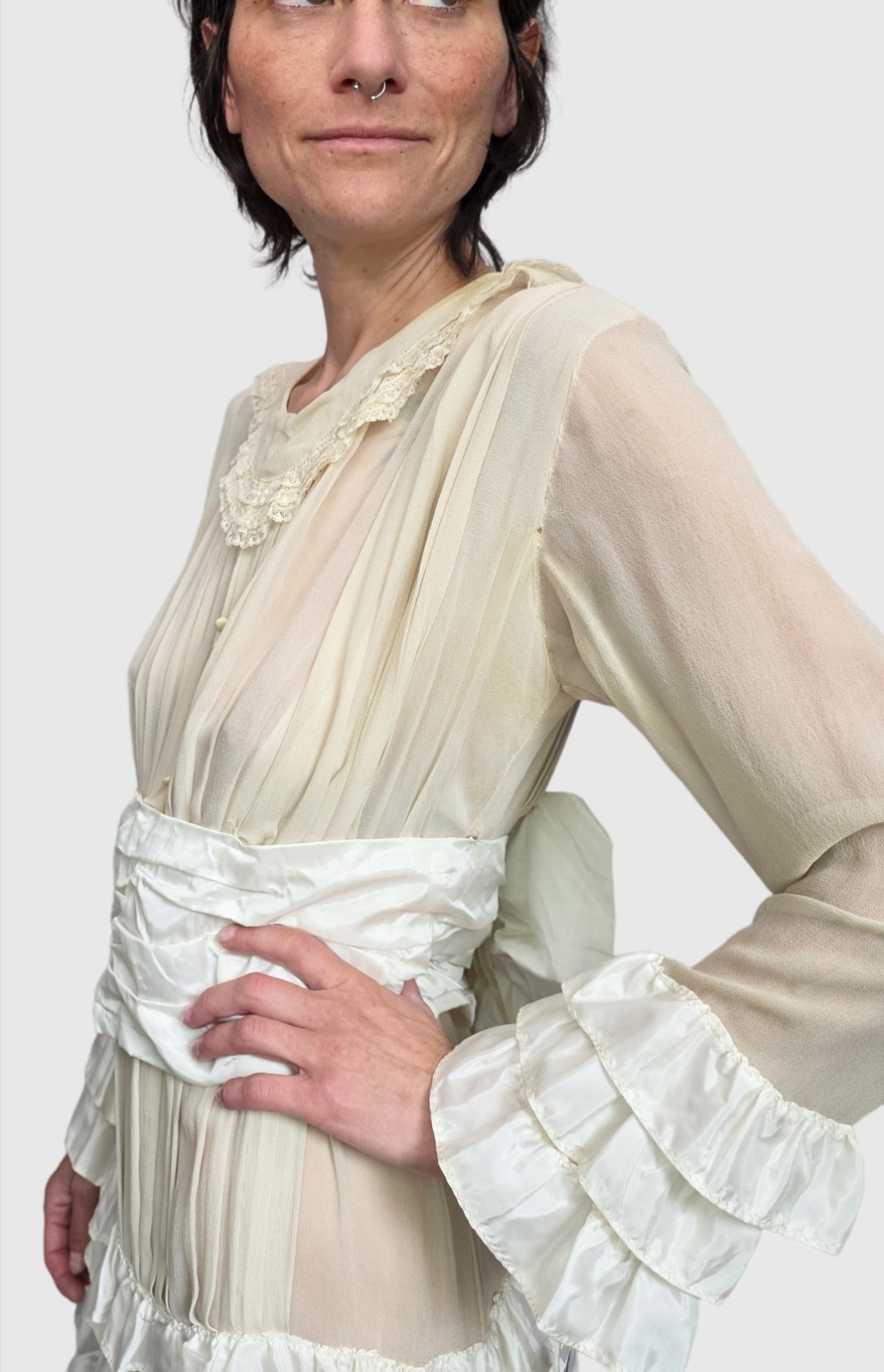 1920s Ivory Silk Chiffon & Taffeta Flapper Dress | Tiered Ruffle Art Deco…