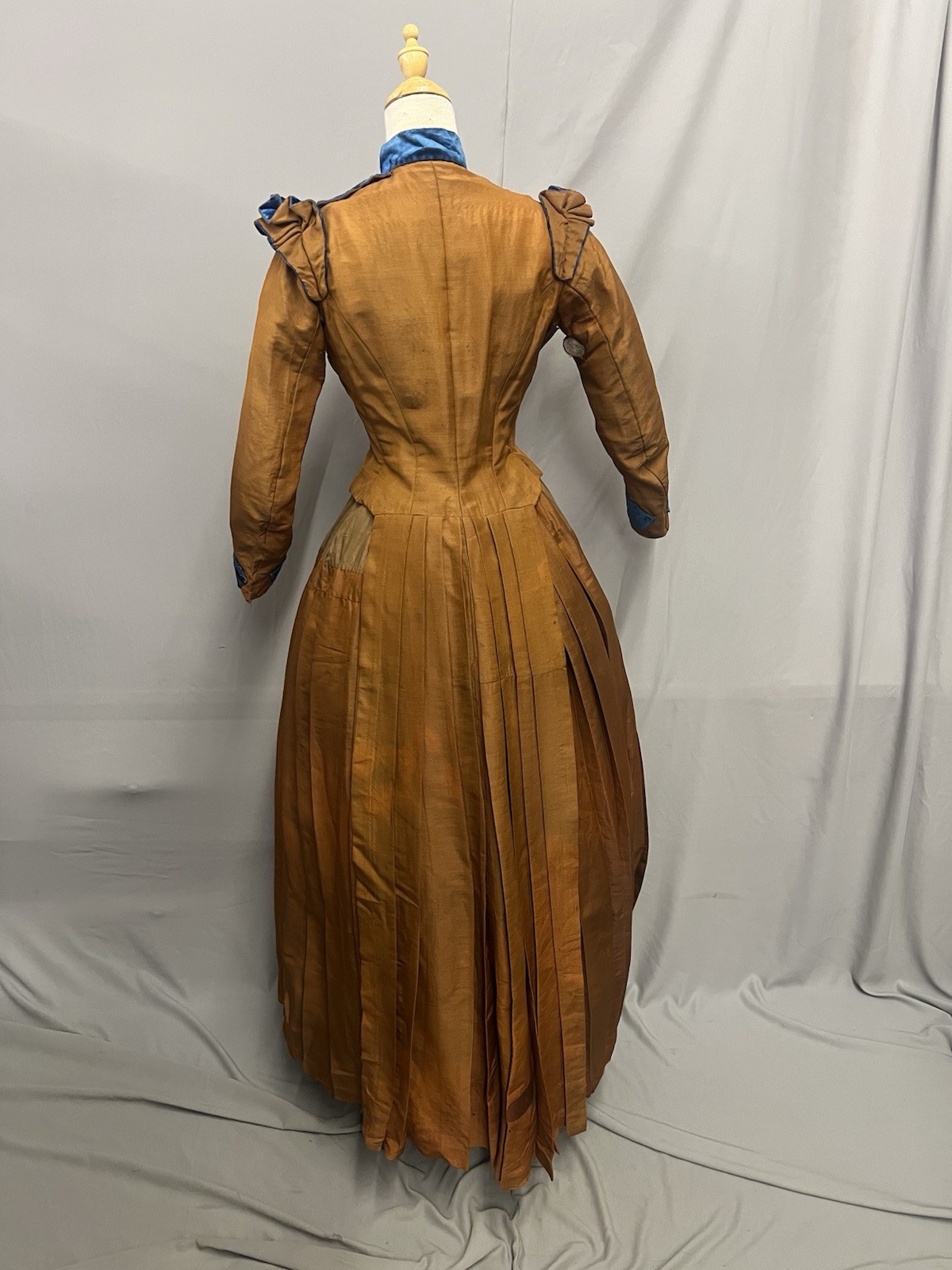 1870’s Copper Silk & Turquoise Velvet Bustle Day Dress
