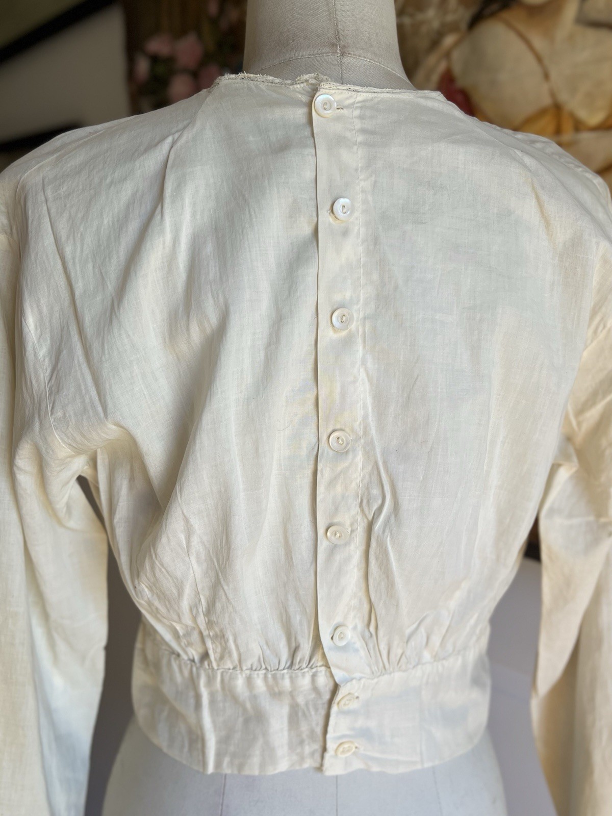 Antique Cotton Blouse Top Off White Hand Embroidered Lace Edwardian Button Back