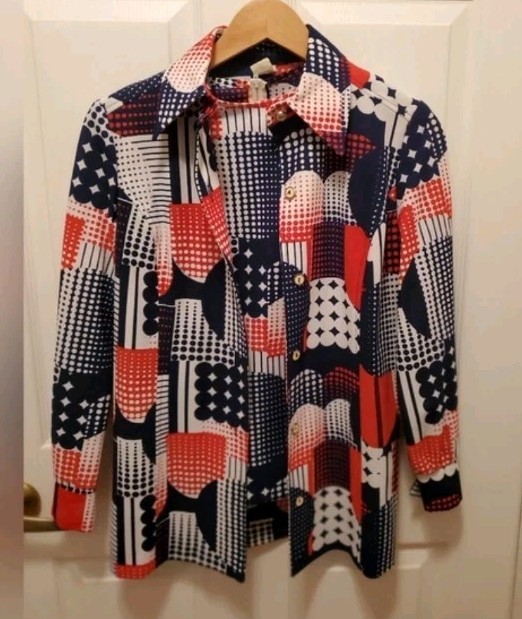 Vtg 70&rsquo;S Mod Geometric McM Twinset Long Sleeve Polyester Retro Red White Blue