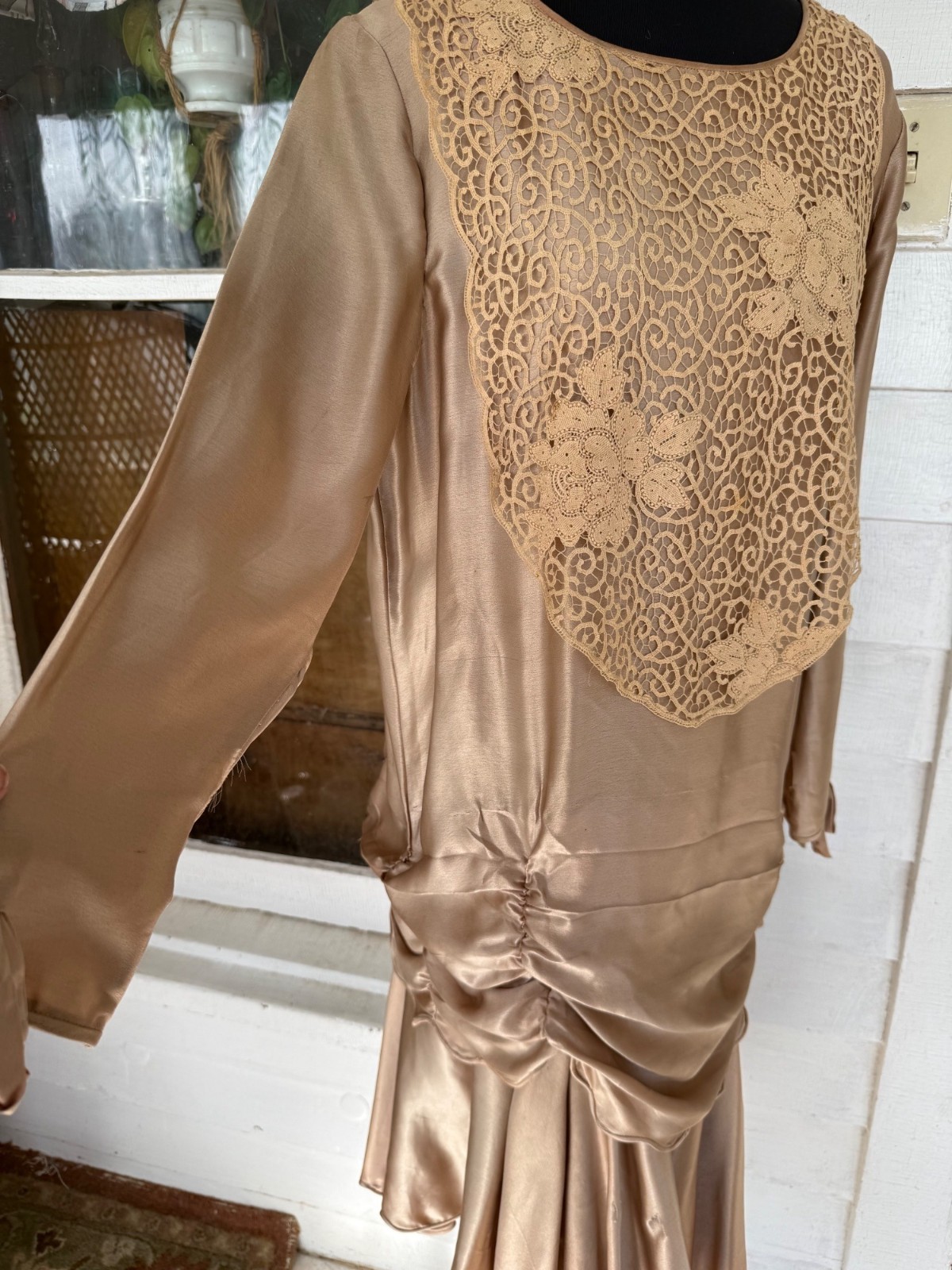 Antique 1920s Tan Silk Flapper Dress With Lace Yoke AS IS TLC Size M