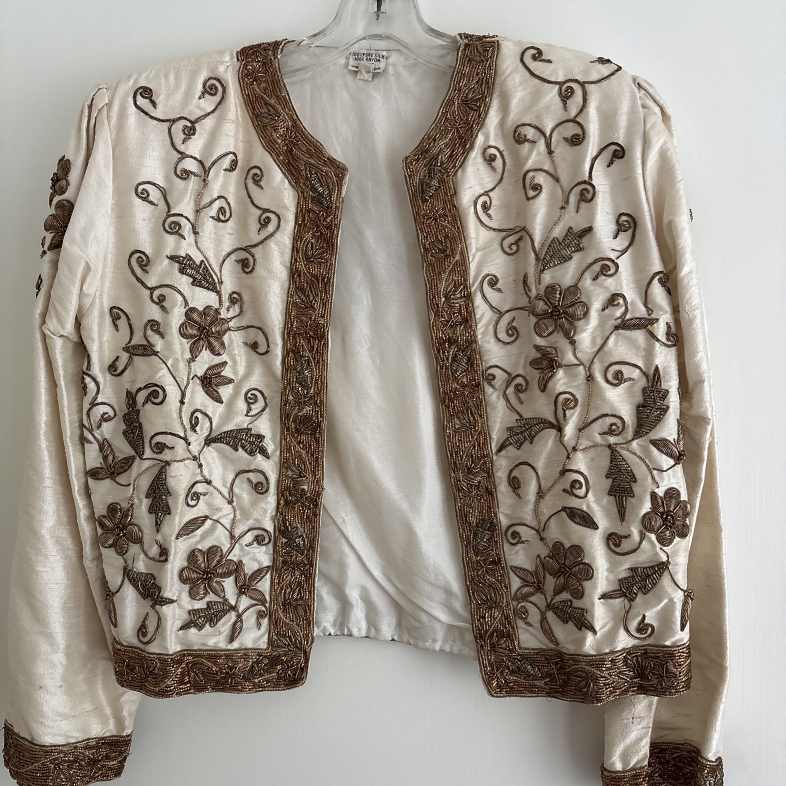 India Formal Beaded Evening Jacket Womens Small Silk Vintage Cream Gold 80s