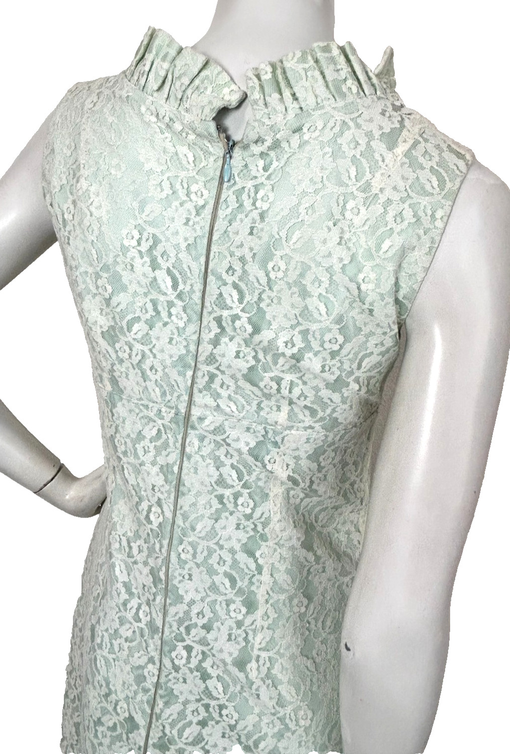 50s Lace Column Dress Size S Aqua Ruffle Sleeveless Lined Ruffle Empire Vintage