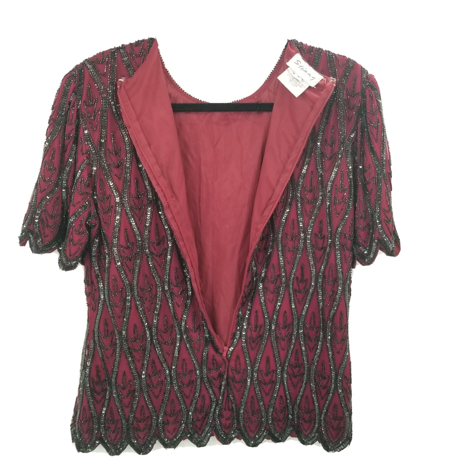 stenay Small Vintage silk beading evening blouse womens maroon red black