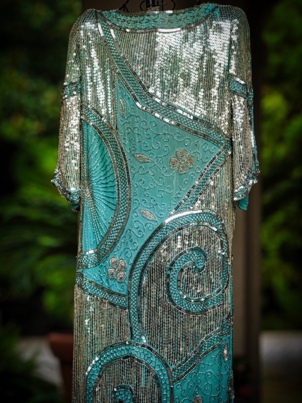 Vintage 1920s-Style Turquoise Silver Beaded Sequin Silk Gown
