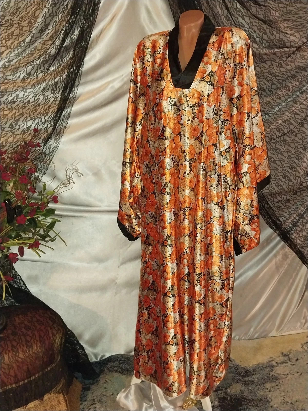 Vtg CAFTAN KIMONO SILVER ORANGE FLORAL LIQUID BALLON MAXI LONG DRESS GOWN 46 48