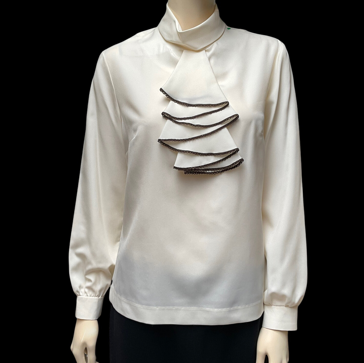 Vintage Secretary Blouse Beige Ruffled Jabot Collar Nardis of Dallas Top