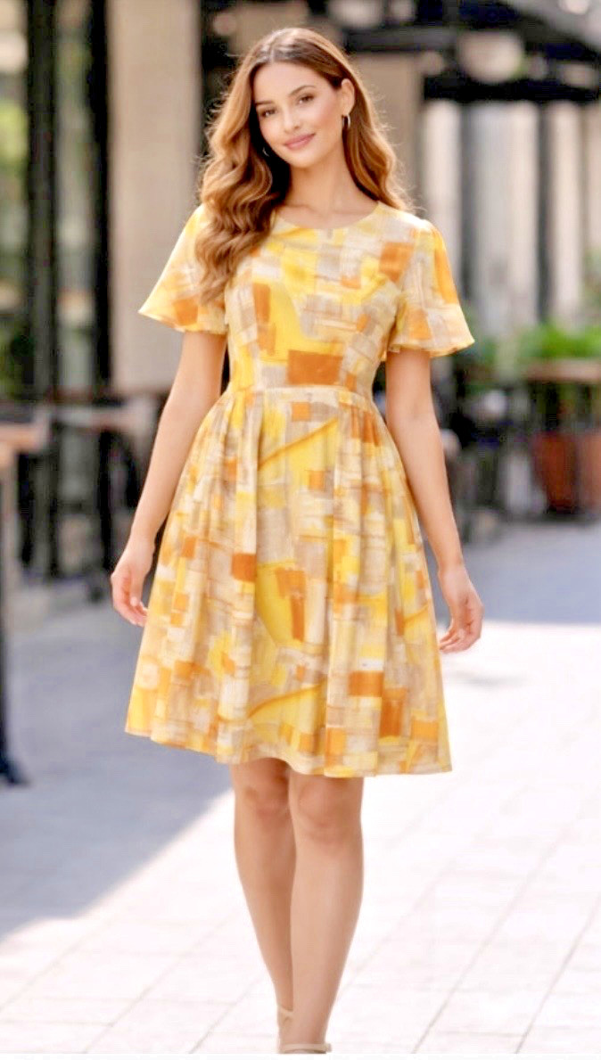 Vtg 60’s MCM Women&rsquo;s S Mod Day Dress Abstract Geometric Print Flutter Sleeve EUC