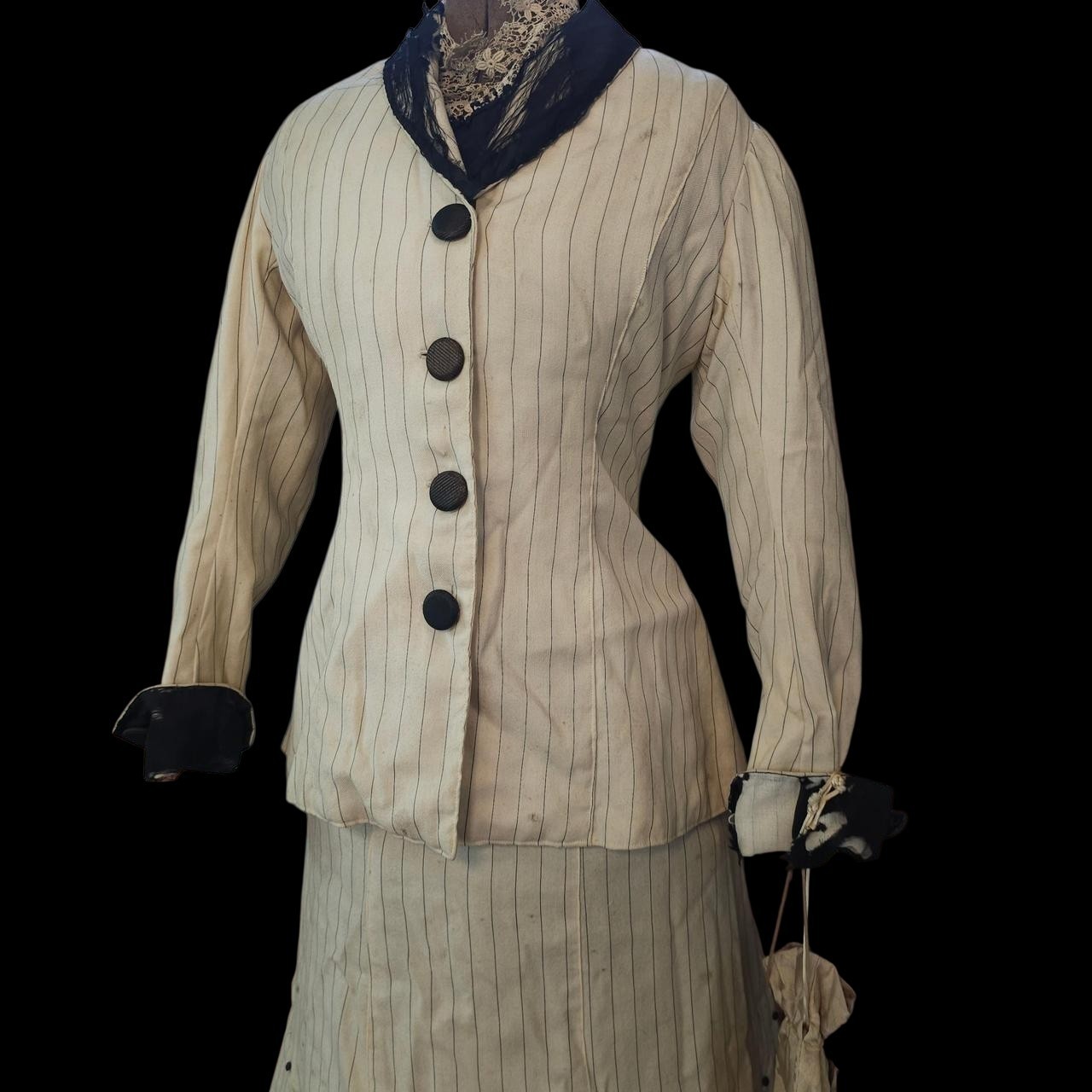 Antique Walking Suit 2 Pc Cream Pinstripe Purse Dress Black Trim Blazer Jacket