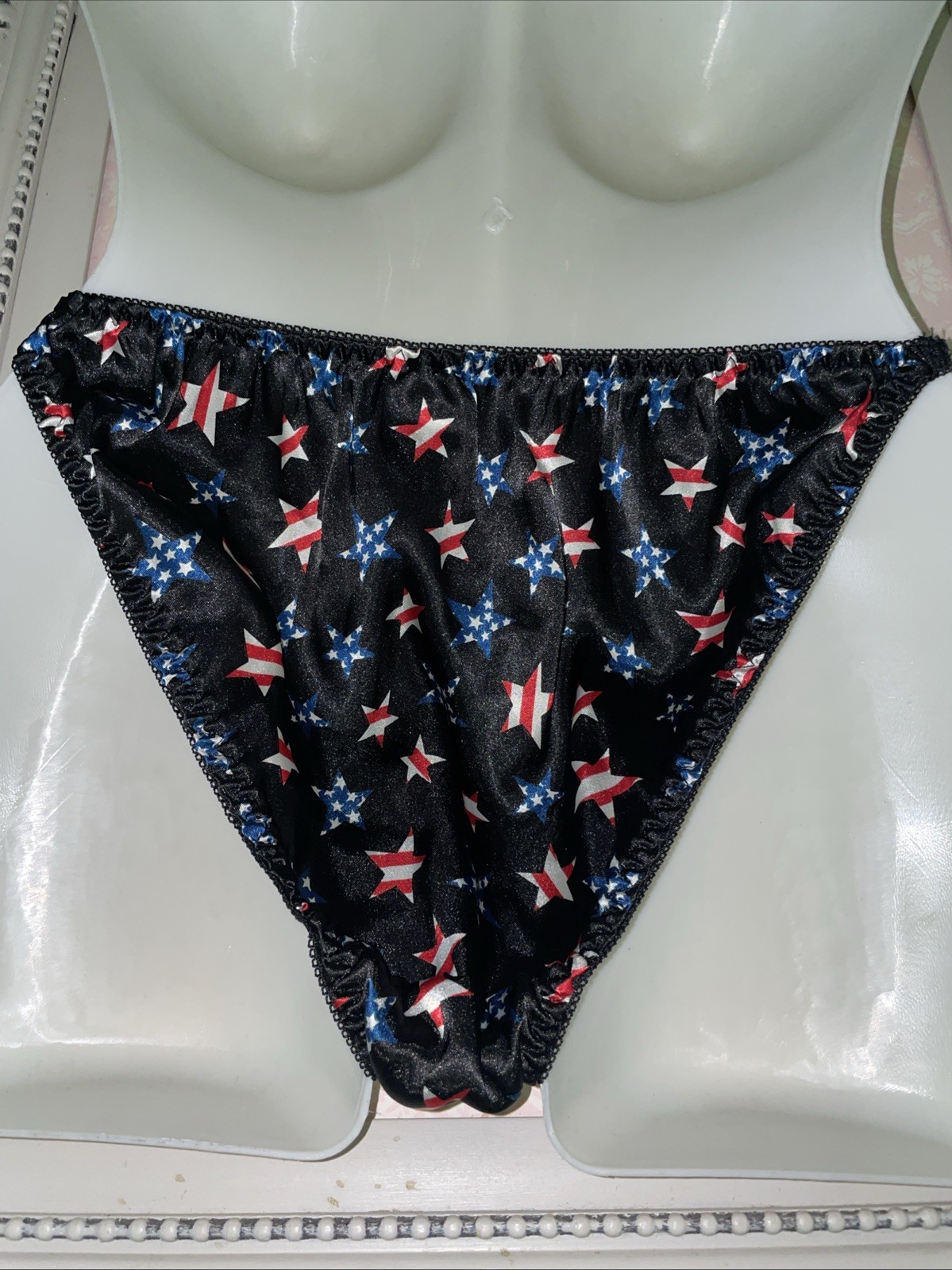 Vintage Satin String Bikini Panties/Bows Classic True VTG Silky L/7 USA STARS