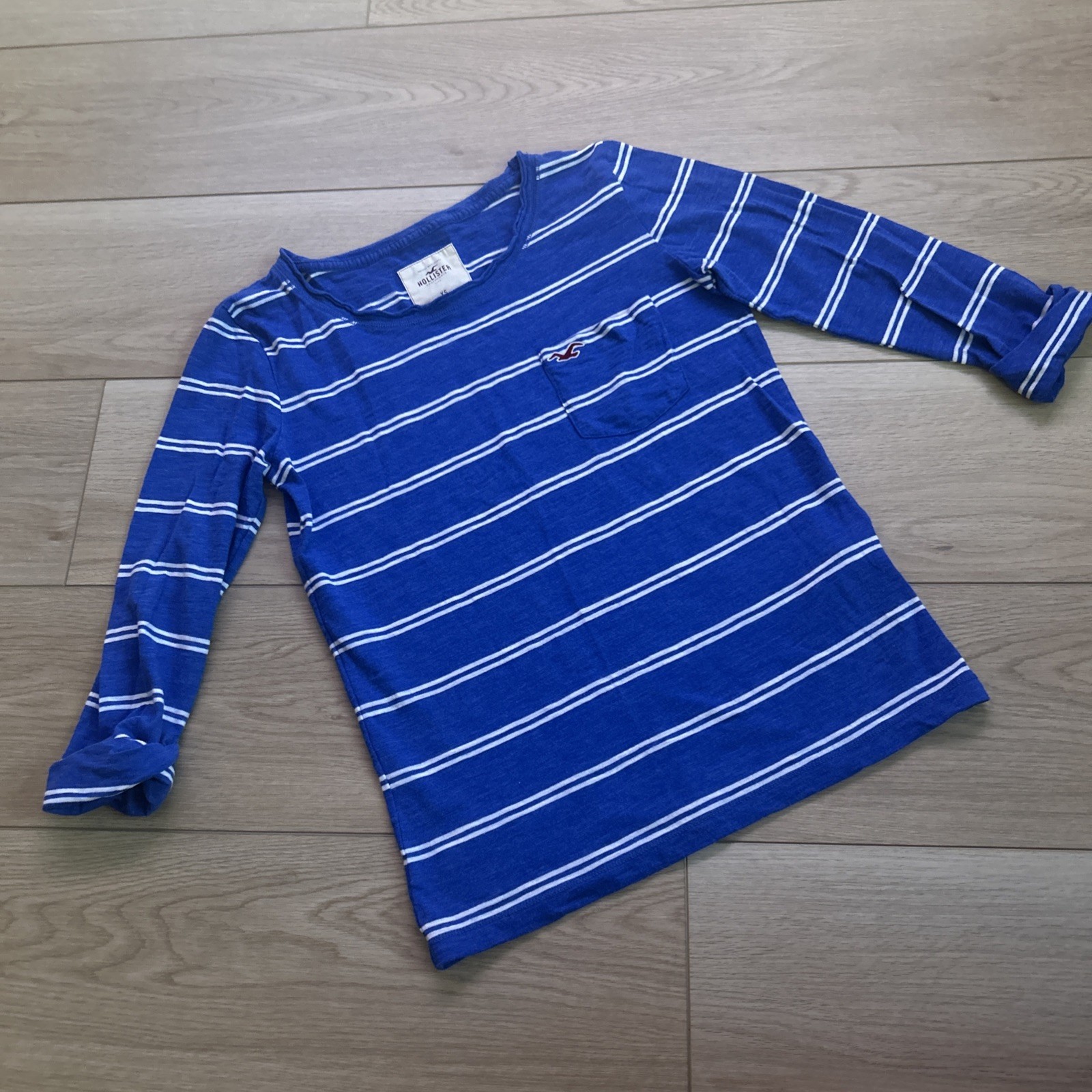 VTG Y2K Hollister Blue White Stripe 3/4 Rolled sleeve Embroidered logo Top Sz XS