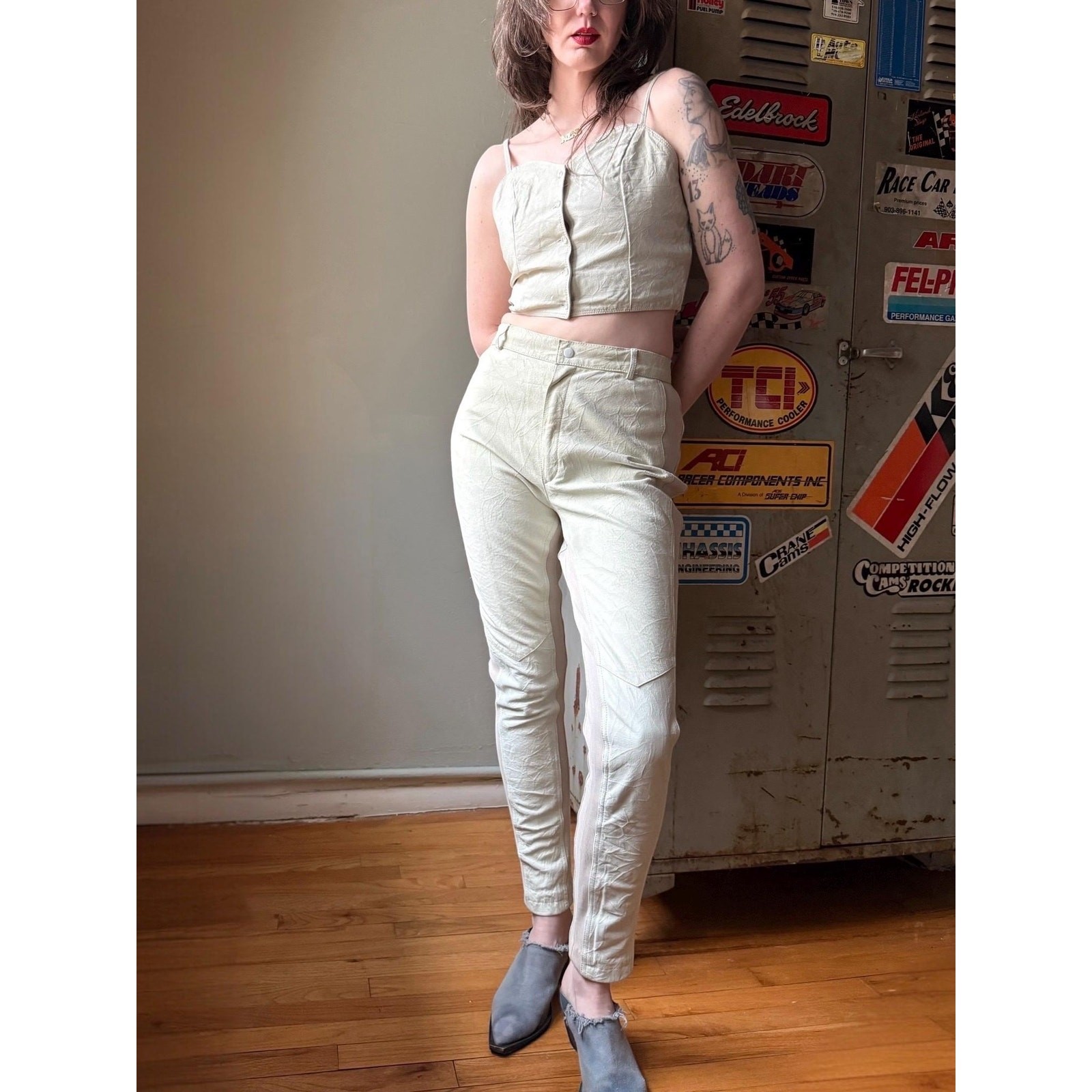 Vintage 90s Leather 2 Piece Set | Corset Crop Top + High Waist Pants | Cream | M