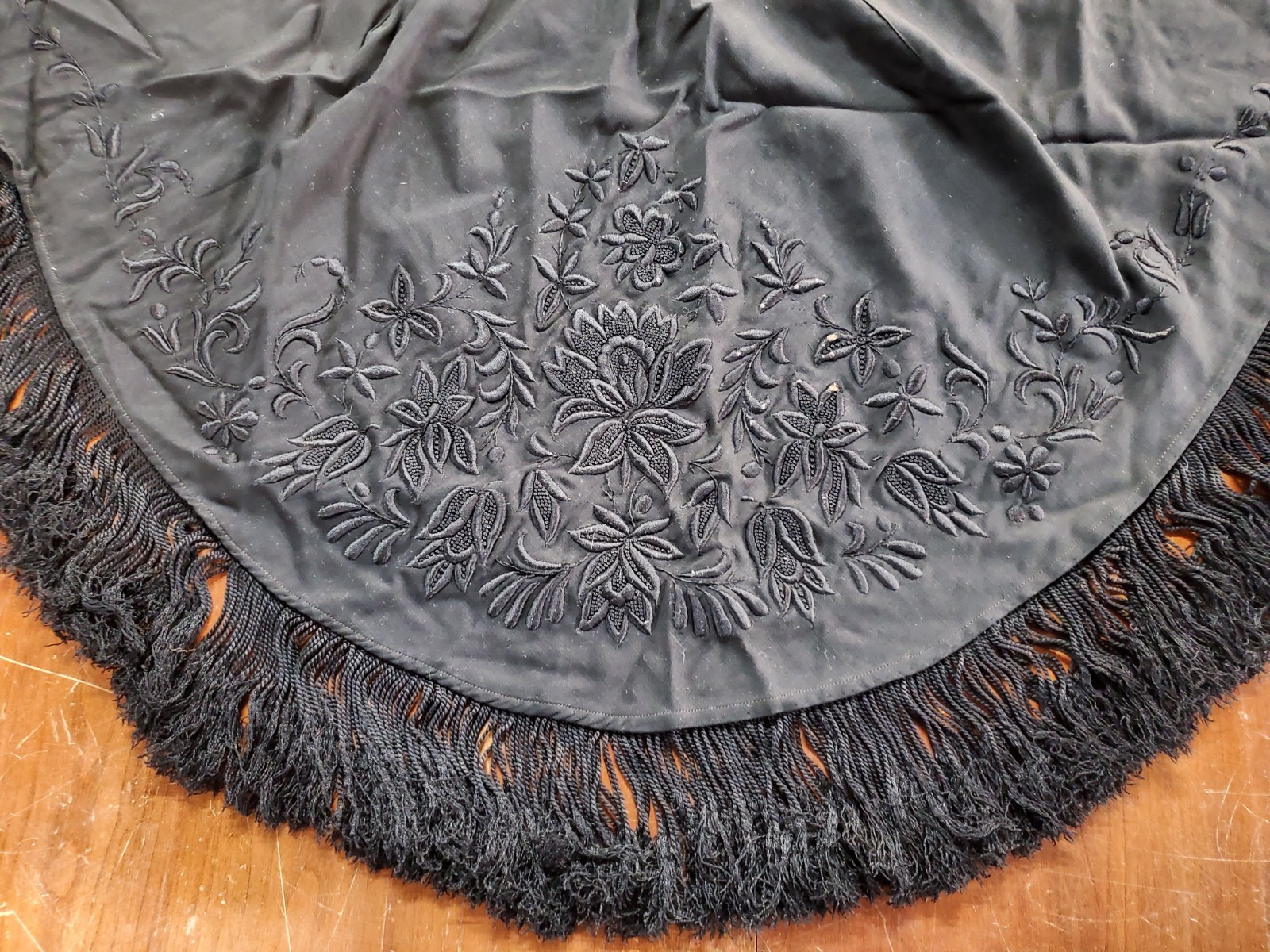 Antique Victorian Mourning Shawl Cape, Embroidered Black with Fringe, Lined
