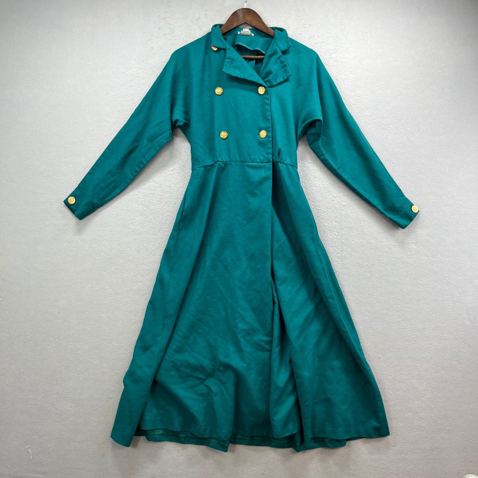 VTG Doncaster Coat Dress Womens 8 Teal Green Double Breasted Gold Button Maxi
