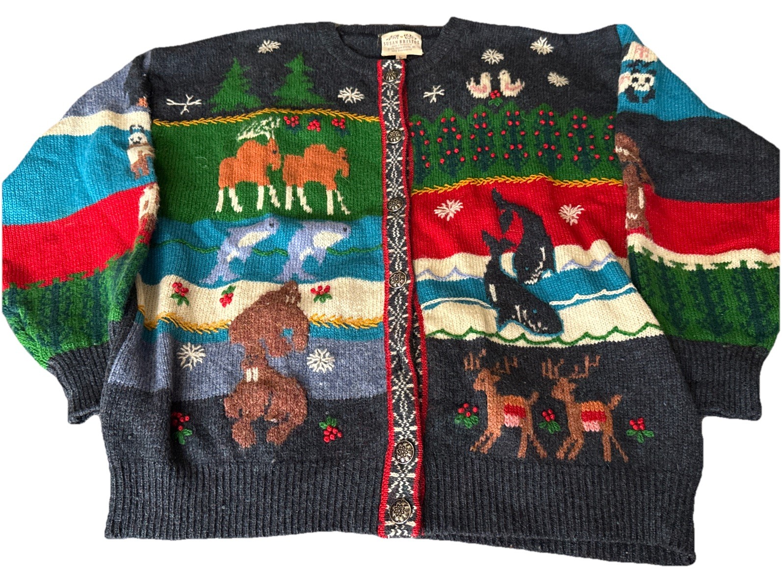 Vintage Susan Bristol Hand Embroidered Noah’s Ark Sweater Size L Wool Hong Kong