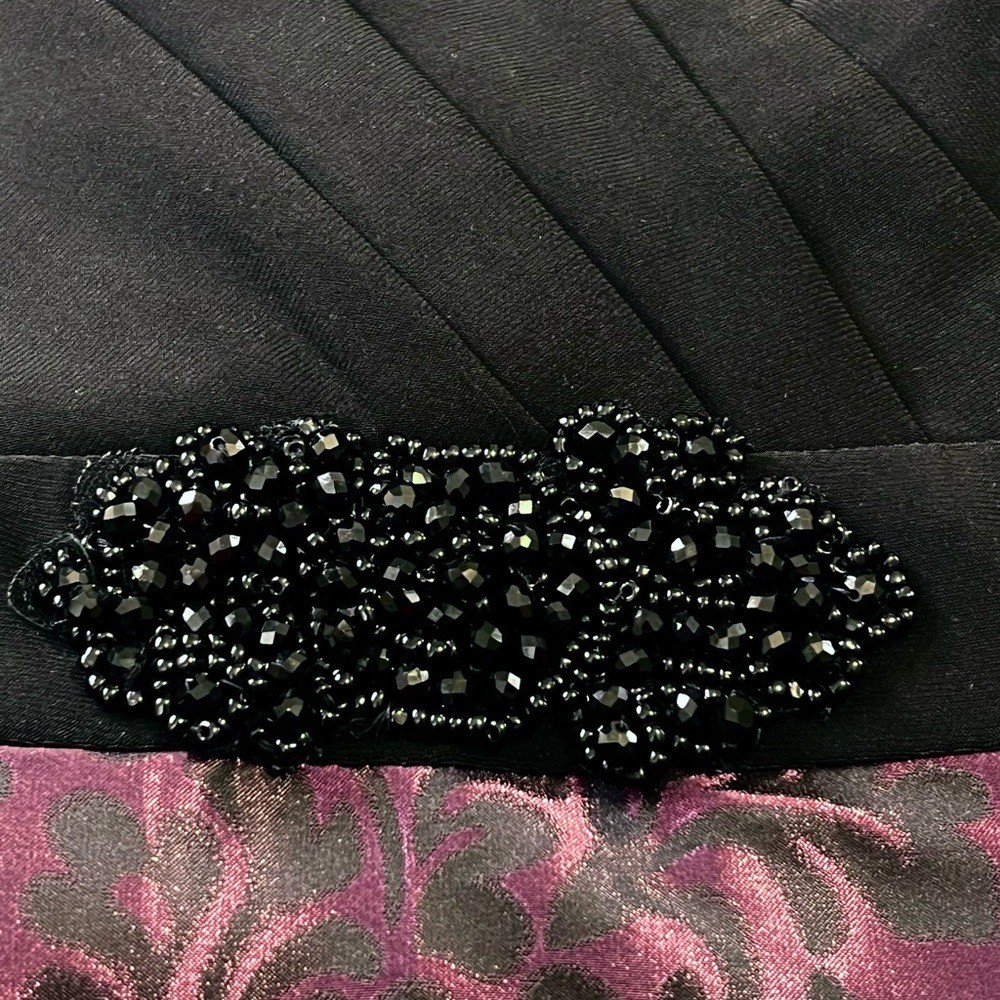 Alex Evenings Beaded Jersey & Jacquard Gown V-Neck, Black/Purple/Violet, Size 10