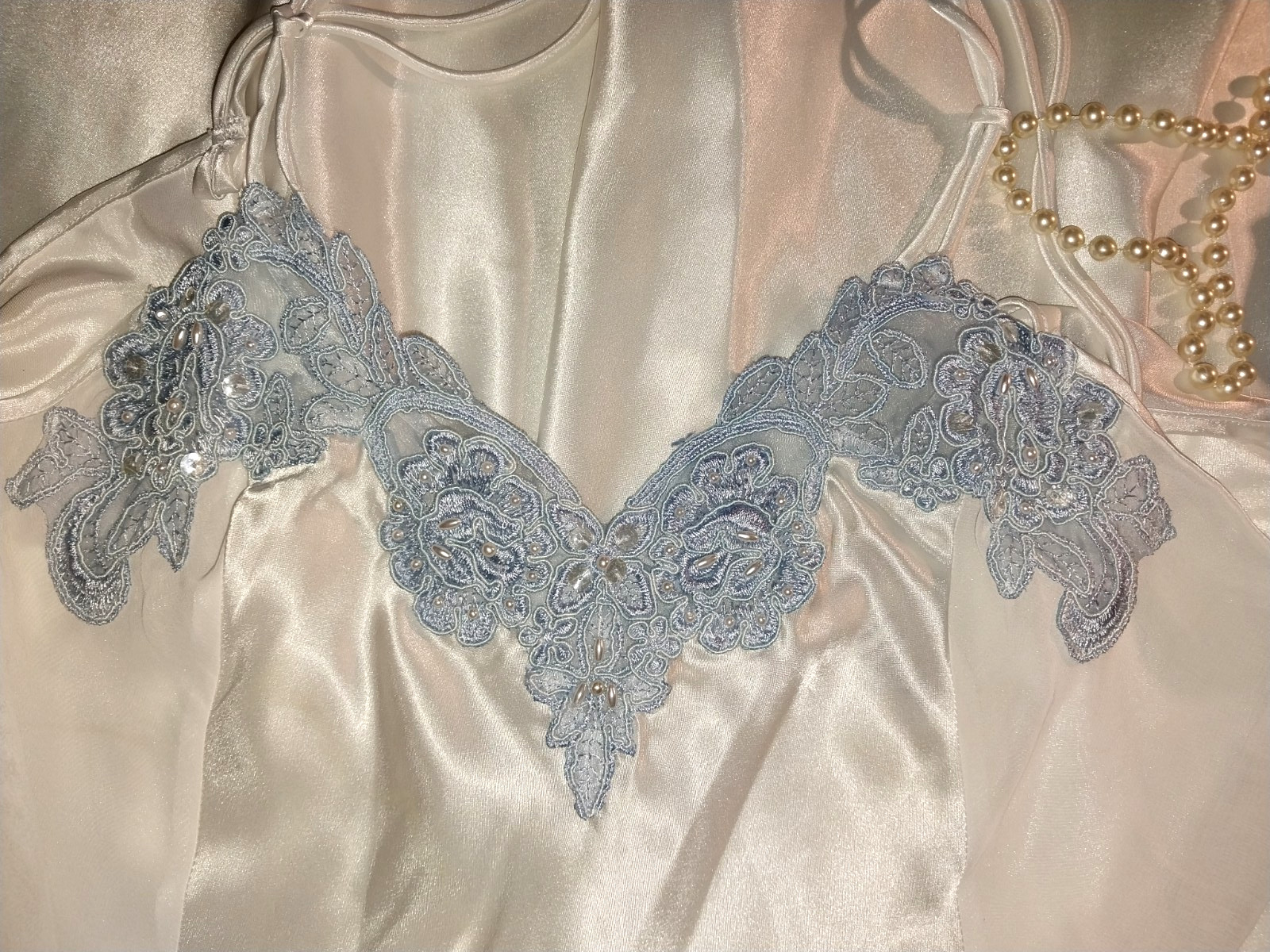 VTG SATIN LIQUID SHINY LUX BABYDOLL VENICE LACE BEADS BABY BLUE XL 44 46 CHIFFON