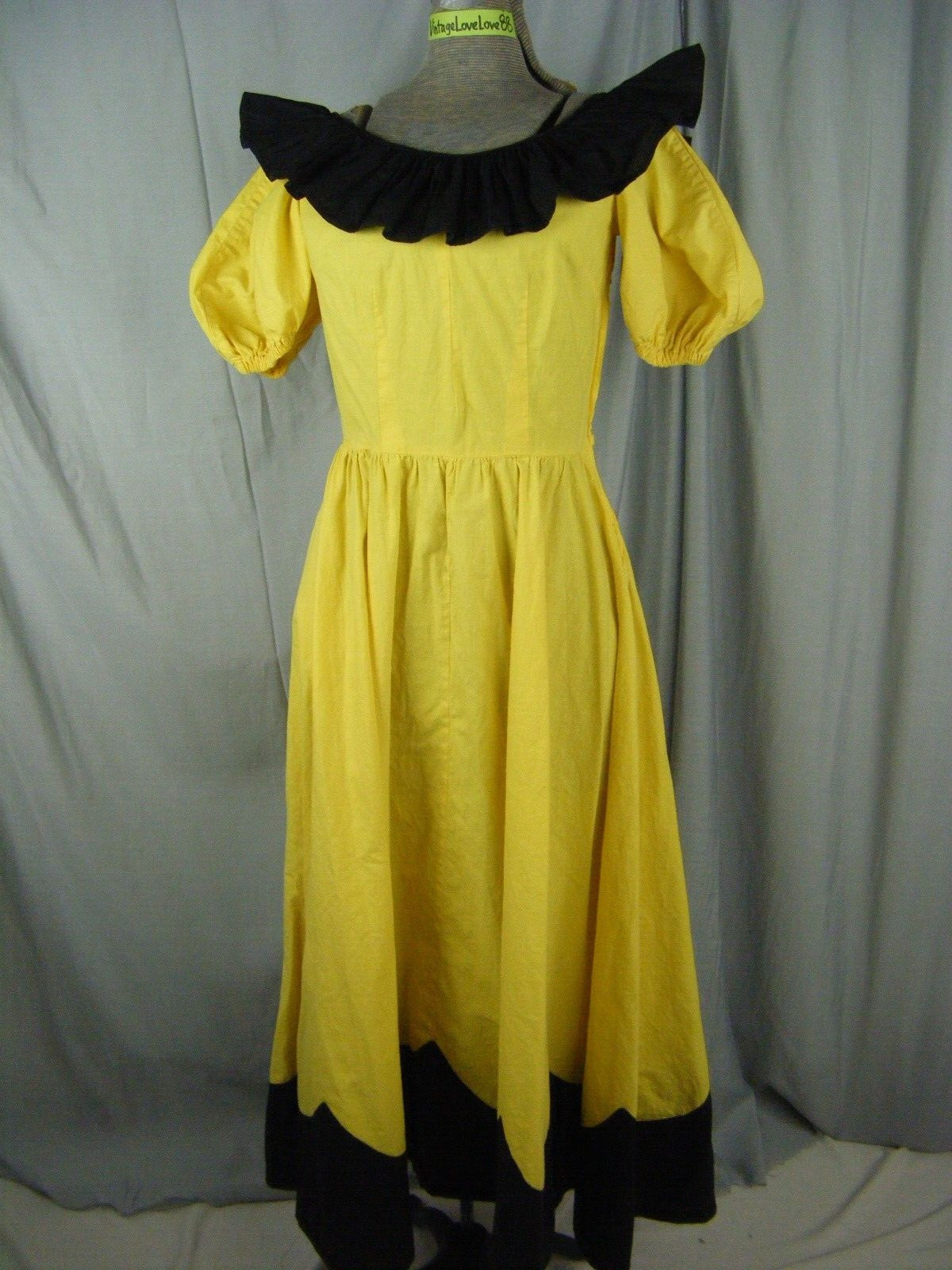 Vtg 40s Lemon Yellow Black Cotton Ruffle Full Costume Dress-Bust 32/2XS