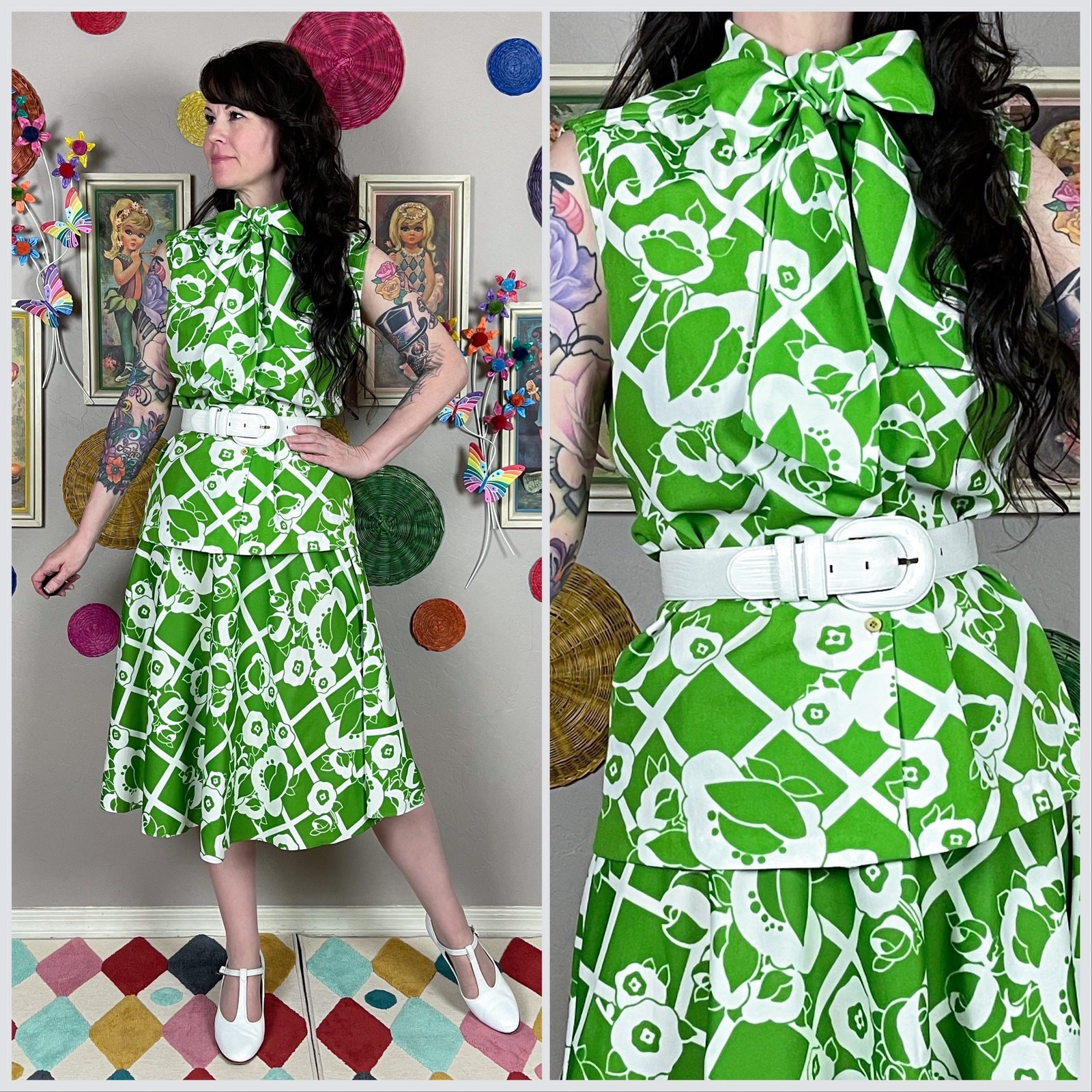 Vintage 1970s Lime Green 2-Piece Sleeveless Top and Skirt Set | 31&Prime;-32&Prime; Waist
