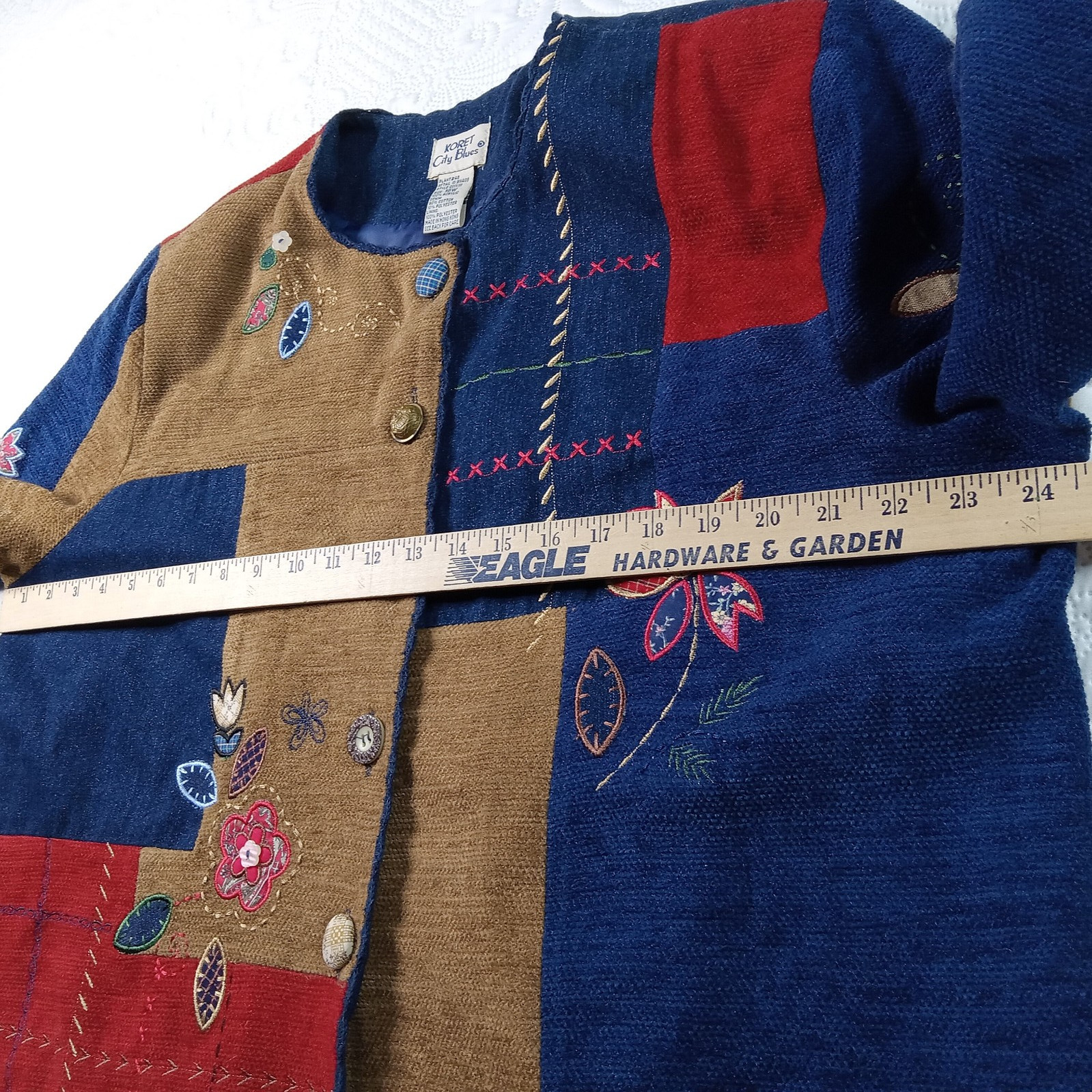 Koret City Blues Patchwork Jacket W-16 Mixed Media Lined Embroidery Vtg 90s Flaw