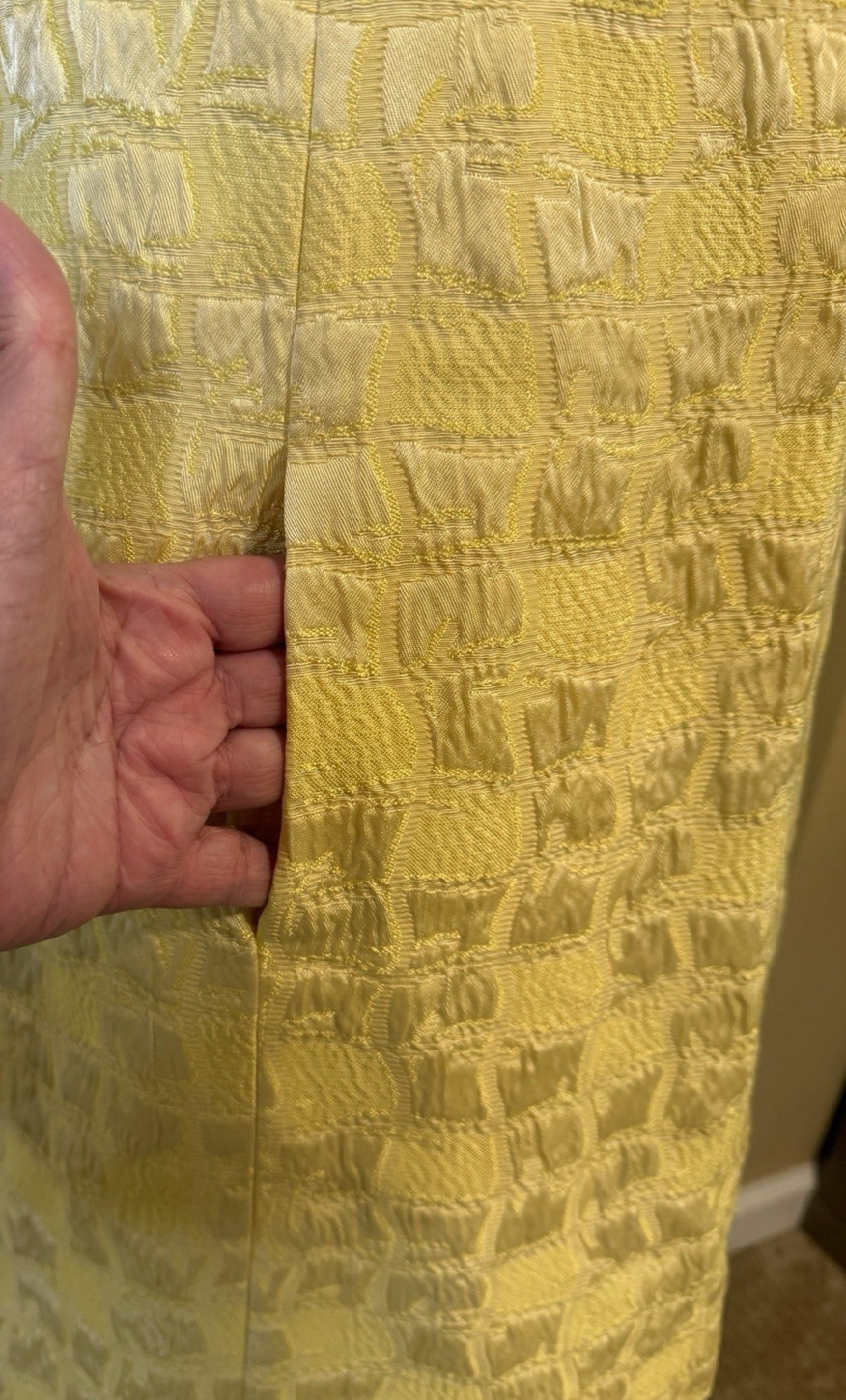 Vintage MOD 60&rsquo;S Lemon YELLOW Geometric JACQUARD MINI COCKTAIL DRESS Pockets S/M