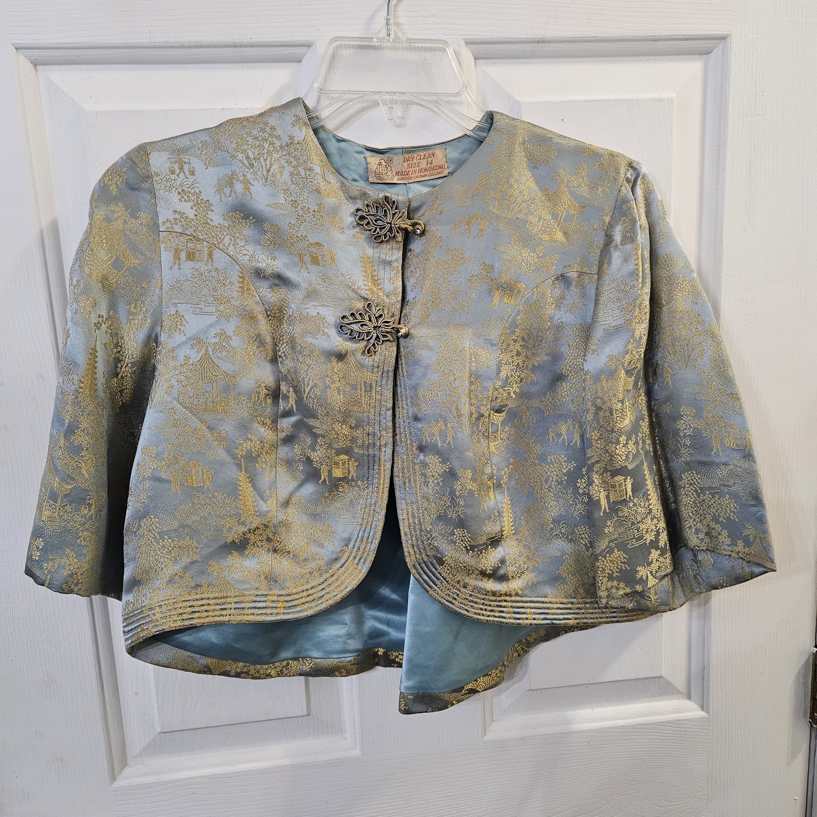 Vintage 60s Hong Kong Silk Brocade Jacket Gold BlueMetallic ChineseTang Style 14