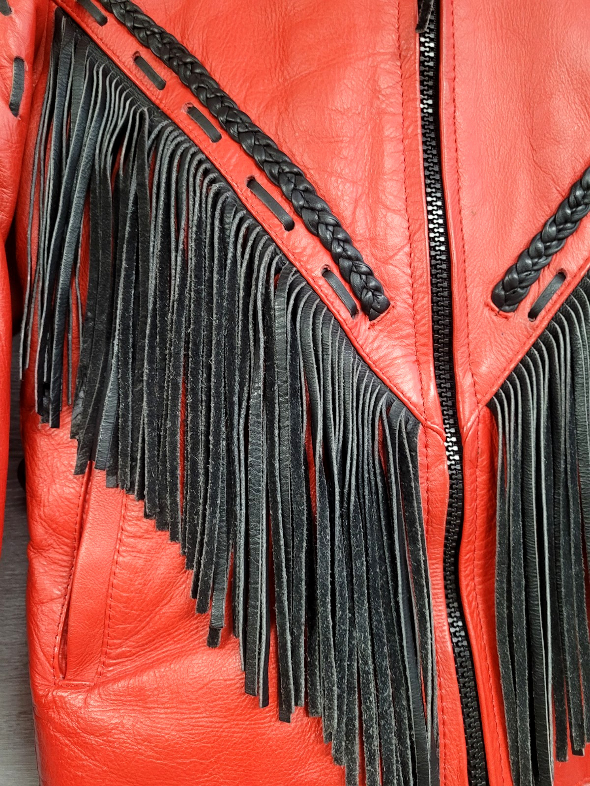 WOMENS VINTAGE LEATHER MOTORCYCLE JACKET UNIK RED FRINGE LACE UP WESTERN LARGE