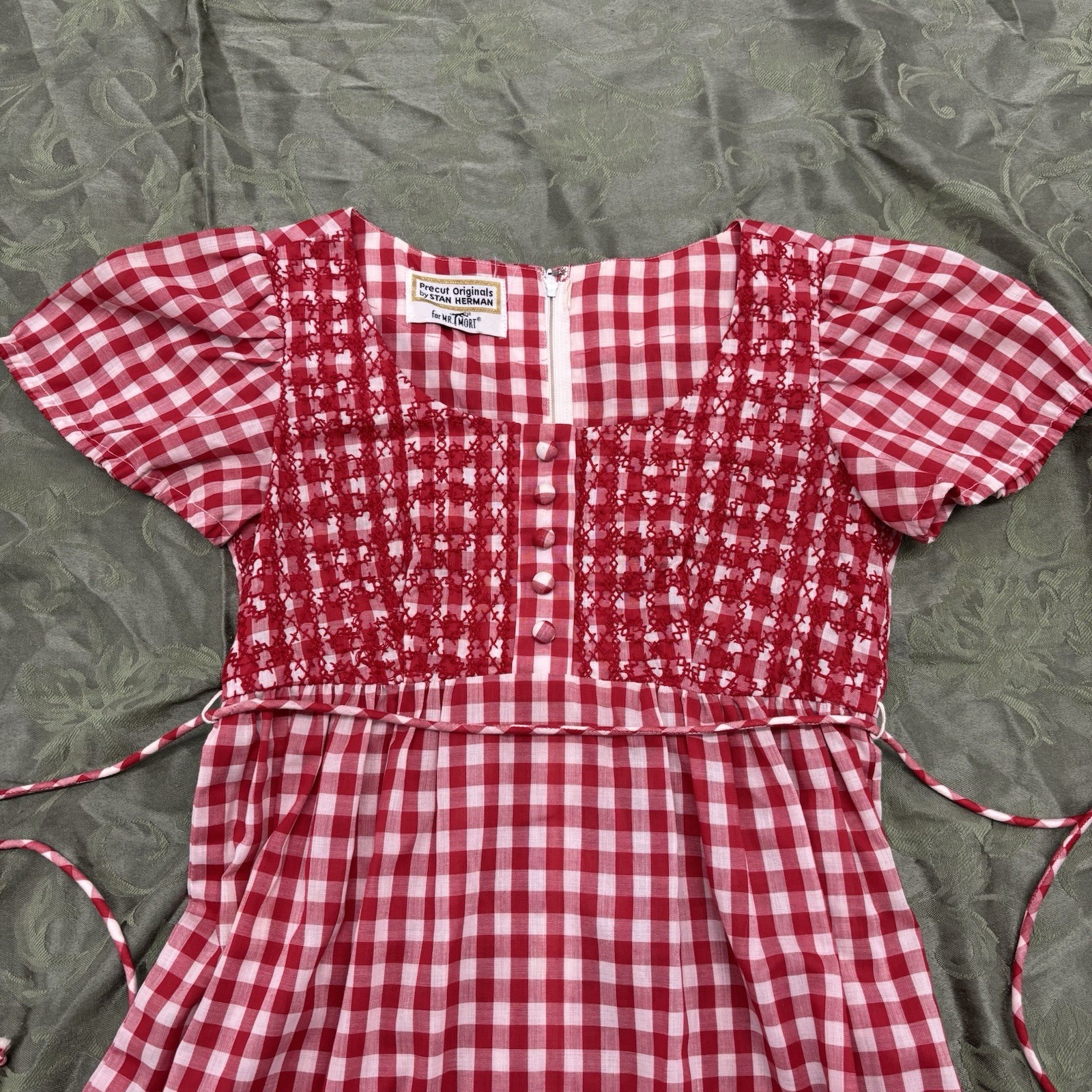 Vtg 60s Mr Mort Stan Herman Precut Originals Gingham Smocked Mini Dress Red XS S