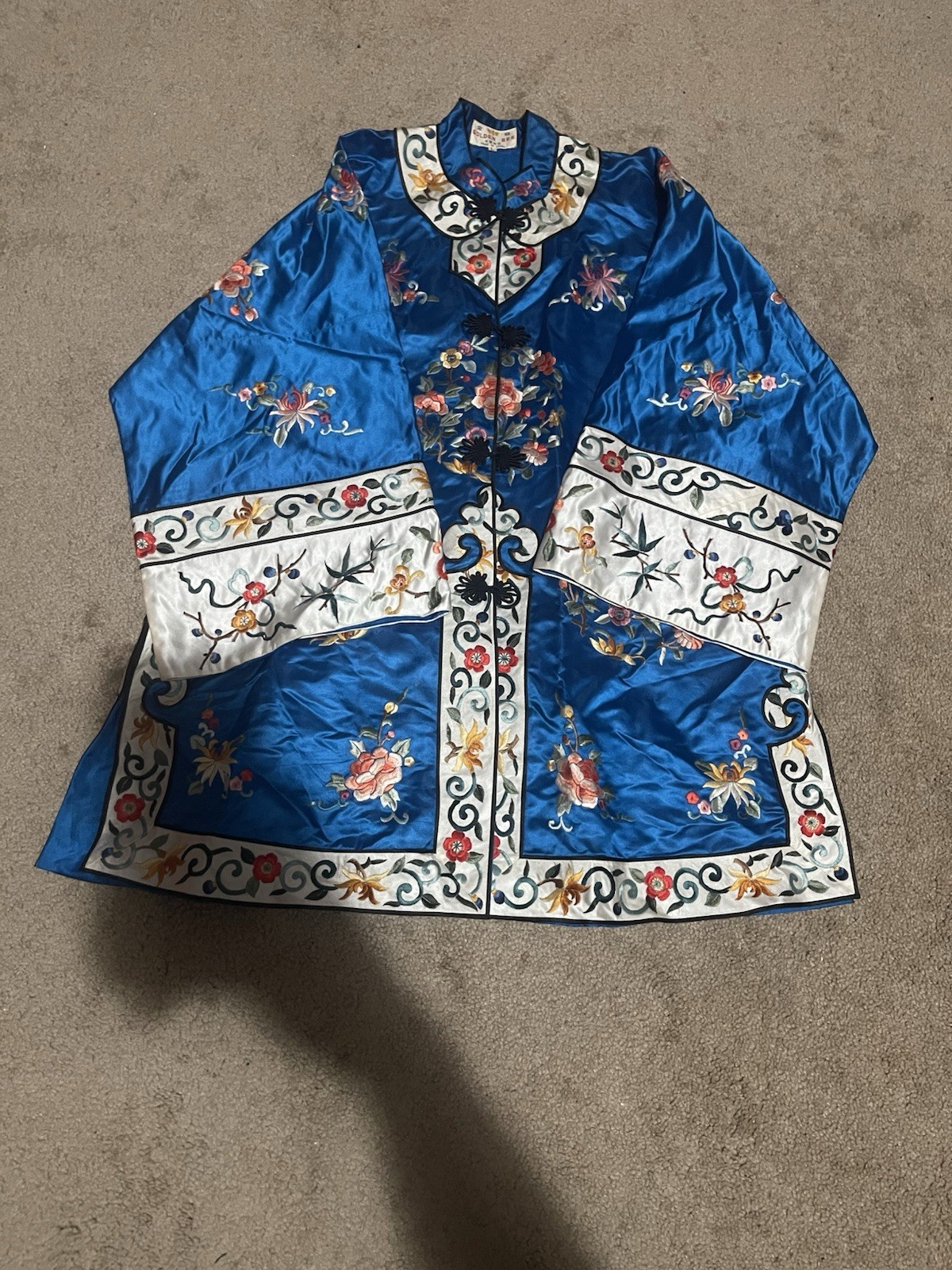 Vintage Golden Bee Chinese Royal Blue Silk Embroidered Robe Sz Large