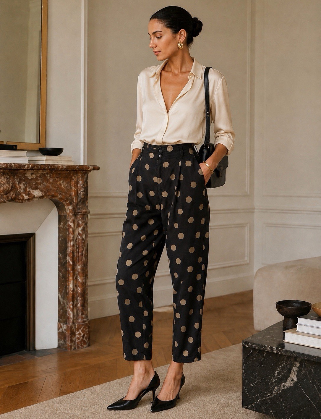 VTG 90s Liz Wear Polka Dot Pleated High Rise Rayon Tapered Pants Minimalist M