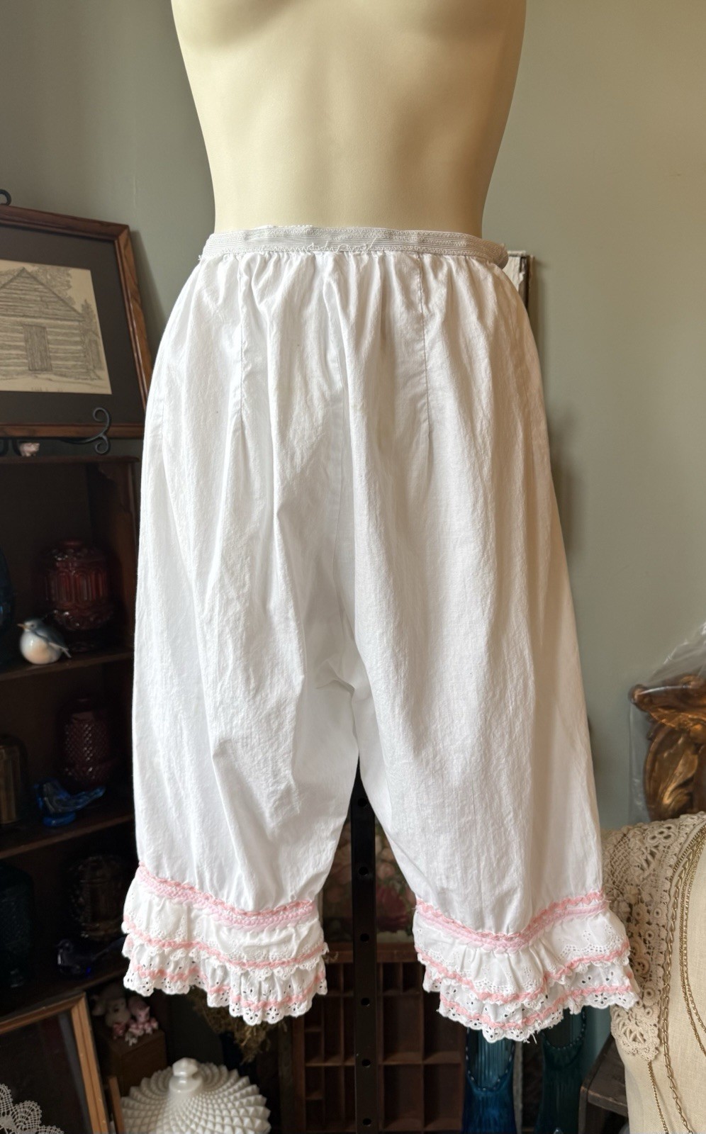 VINTAGE HANDMADE BLOOMERS RUFFLED HEM ELASTIC WAIST LONG PANTALOONS OFF WHITE