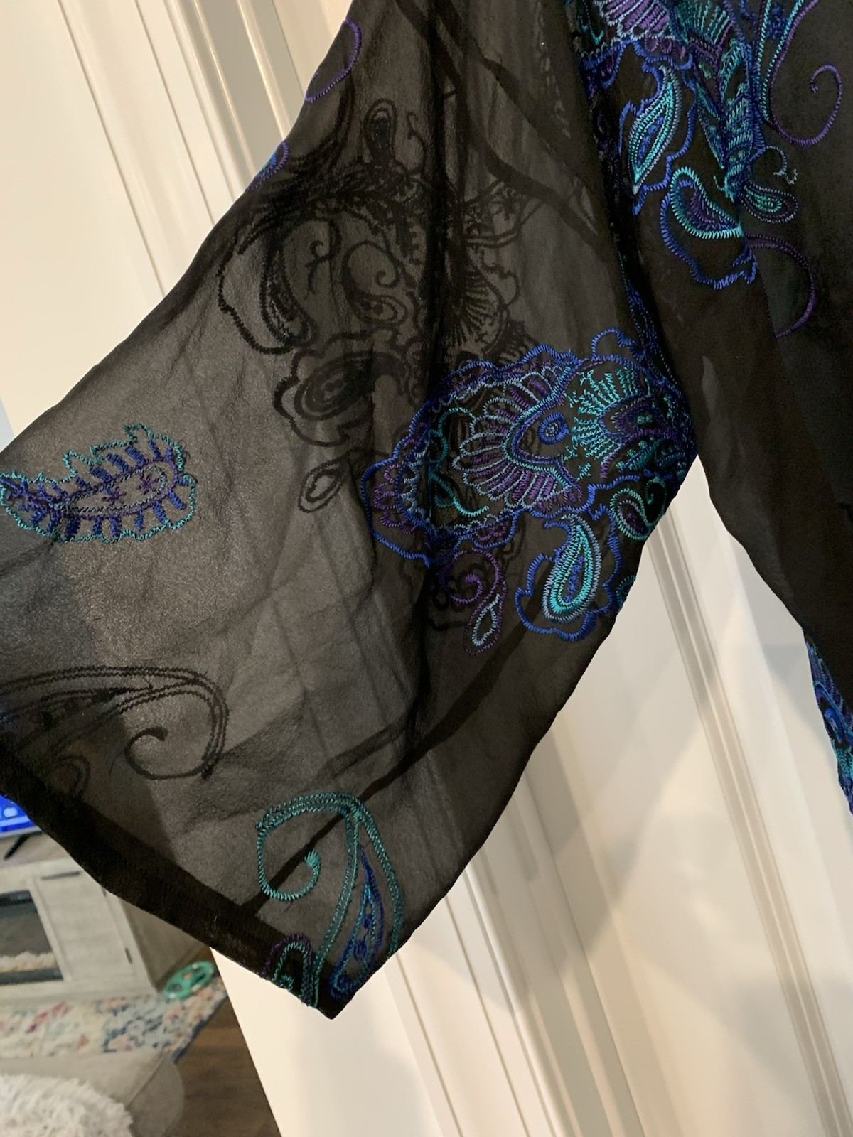 Vintage Chicos Silk Blouse ( Capelet) Embrodiered RARE Black/ Blues