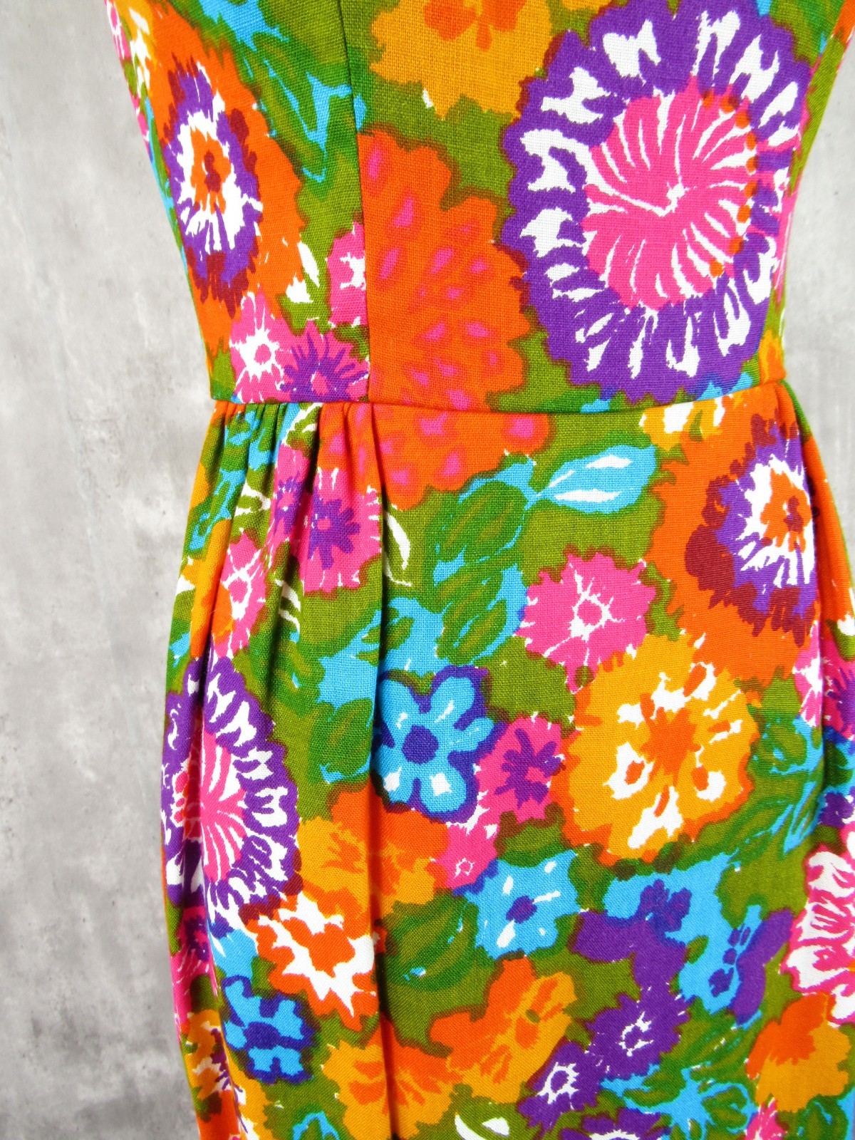 Vintage 60s 70s Hawaiian Floral Formal Maxi Gown Dress MINT Orange Green Small