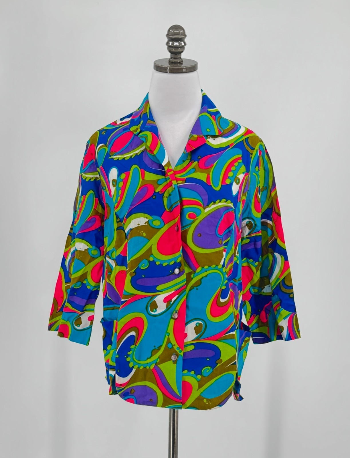 Graff Vintage Womens 60&rsquo;s Bright Abstract Boho 3/4 Sleeve Button Top