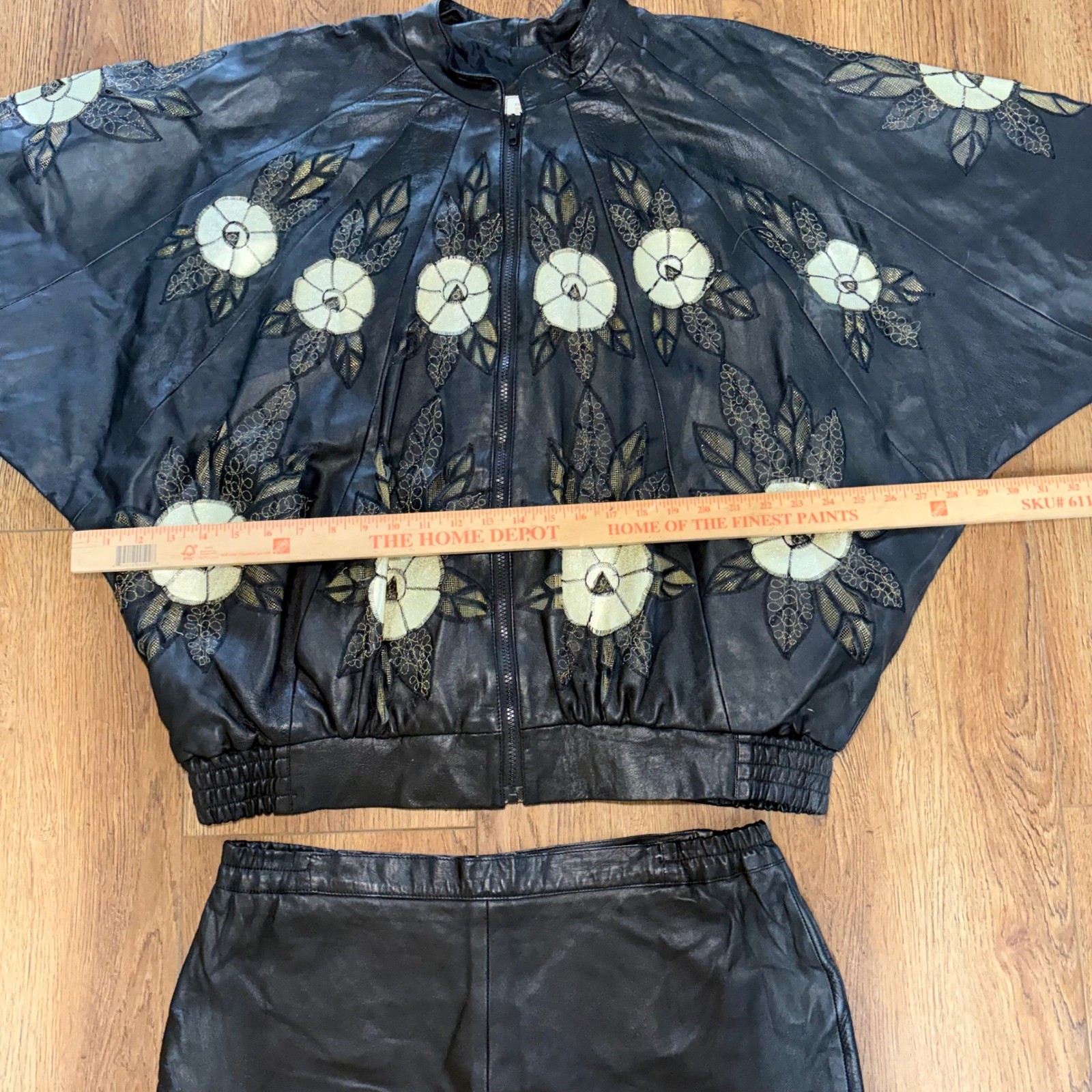 Vintage 80s Black Leather Floral Appliqué Matching Set Batwing Jacket & Skirt XL