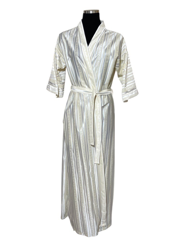 Vintage 70s 80s Robe Women M Long Satin Kimono Lightweight Yellow Stripe Floral