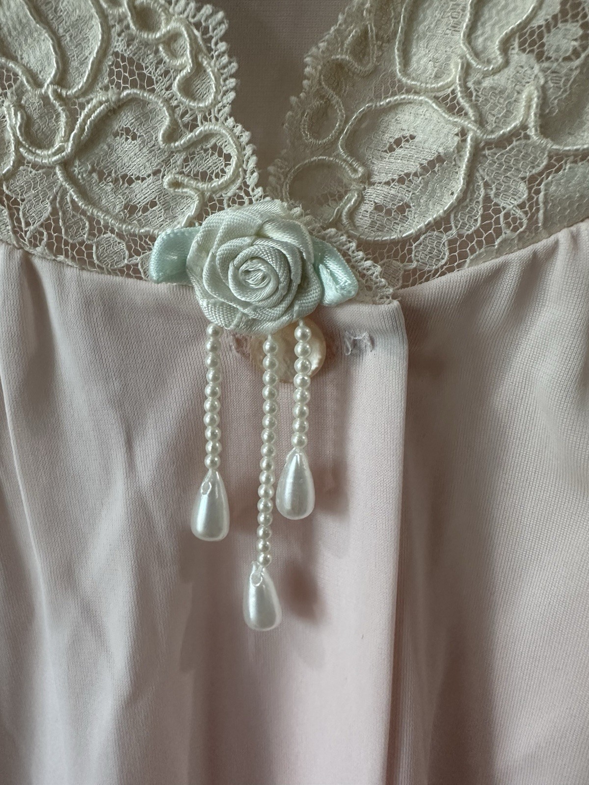 VTG Shadowline Nylon Peignoir Nightgown Robe Small Pink Lace Pearls Romantic MCM