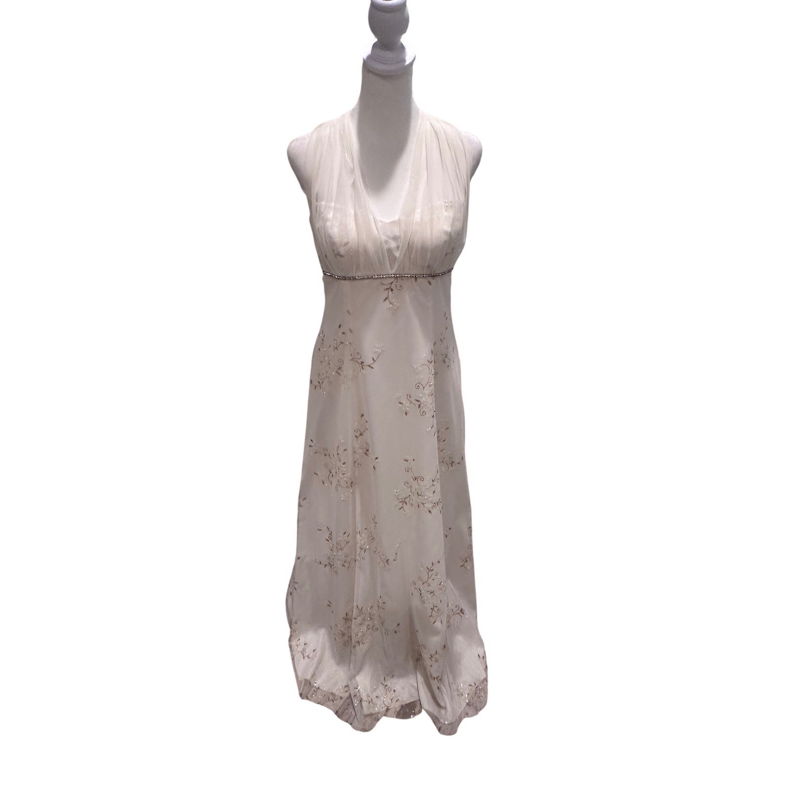 Betsy & Adam Vintage White Floral Halter Sequin Cocktail Gown Dress Sz 8